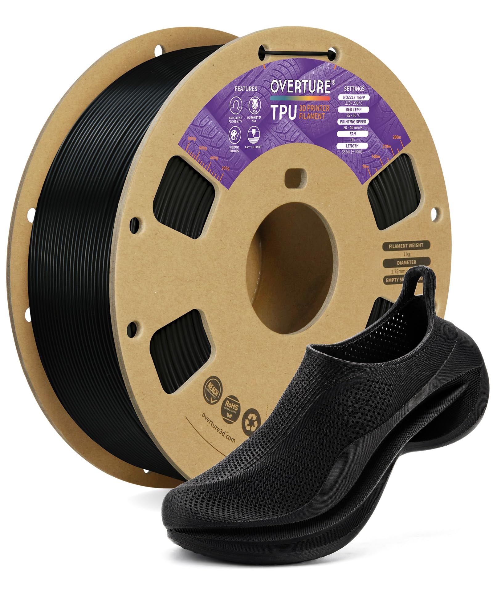 OVERTURE TPU Filament 1.75mm, Bobine de 1kg(2,2lbs), 95A TPU Précision dimensionnelle +/- 0,02 mm (Noir)