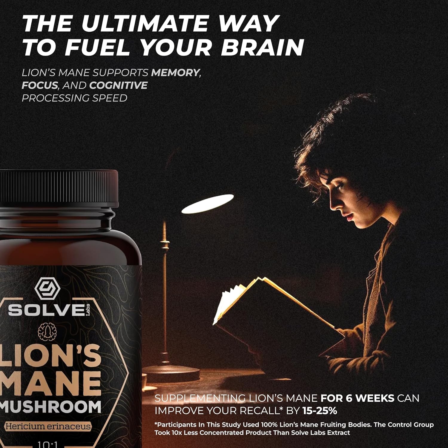 ● Capsules d'extrait de crinière de lion de qualité supérieure ● 100% de fructifications ● 45% de bêta-D-glucanes ● Extrait 10:1 ● Sans additifs ni agents de remplissage ● 60 unités