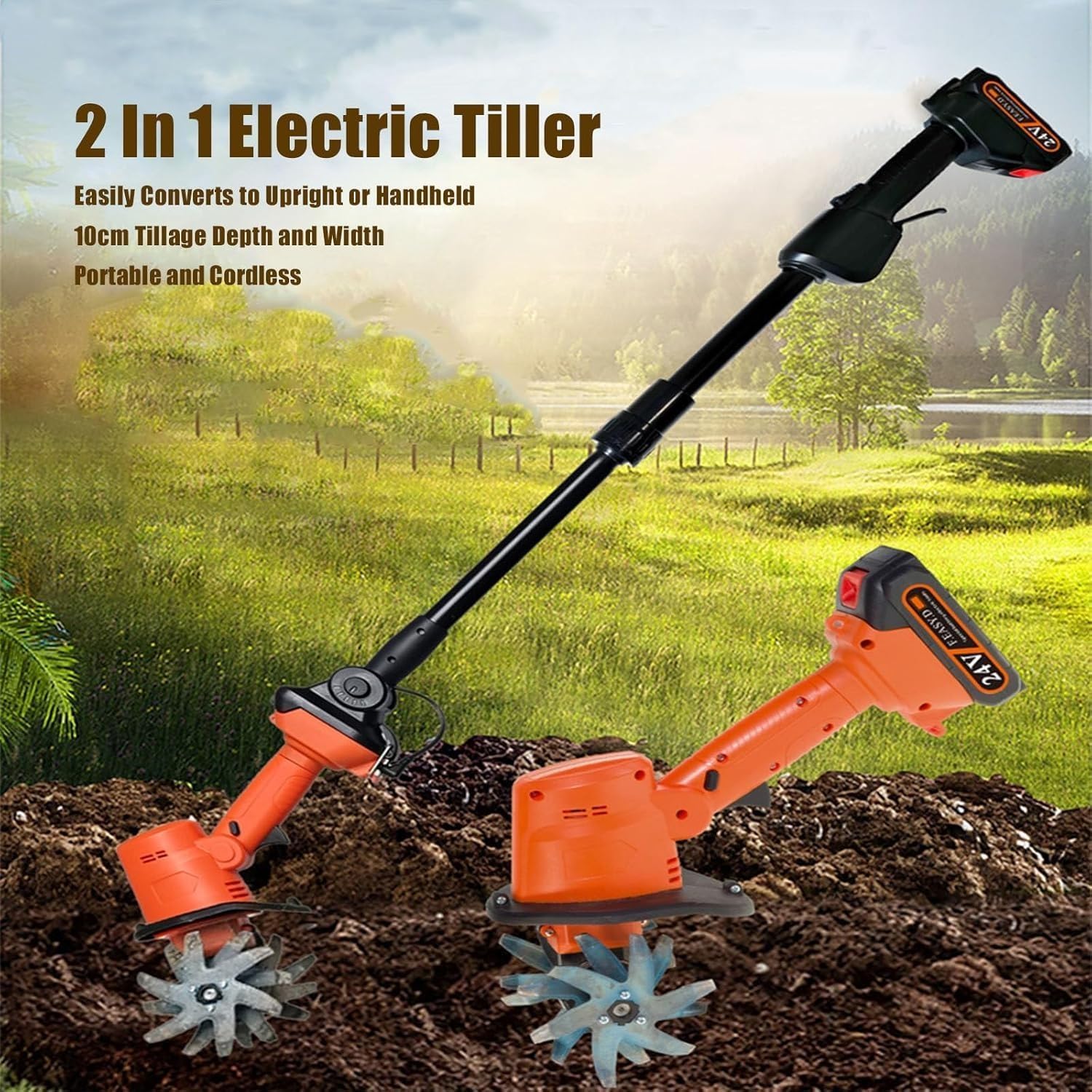 Labrador eléctrico de jardín, microcultivadora de mano con poste telescópico y 2 baterías, profundidad de trabajo de 10 cm, mini cultivador para preparación del suelo