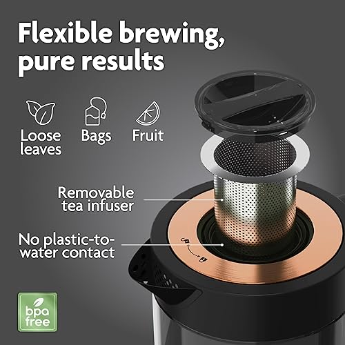 Miniatura 3 de Vianté Hervidor de té eléctrico de vidrio con infusor extraíble. Infusor de té caliente para hojas sueltas y té en bolsas. Sin BPA. Acero inoxidable
