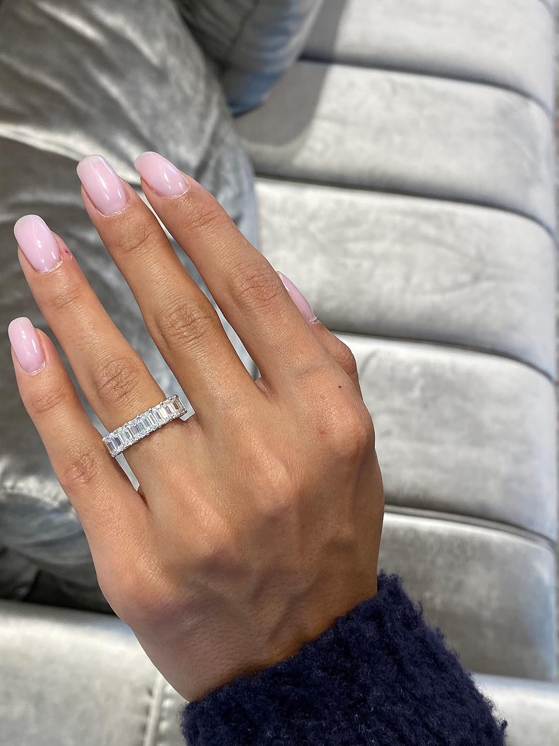 GLAM AND GEMS 5 3/4 to 7 1/2 Carat Emerald Cut Moissanite Eternity Band Ring for Women in 14k White or Yellow Gold (D-E, VVS, CTW) Anniversary Promise Ring Size 4.5 to 11