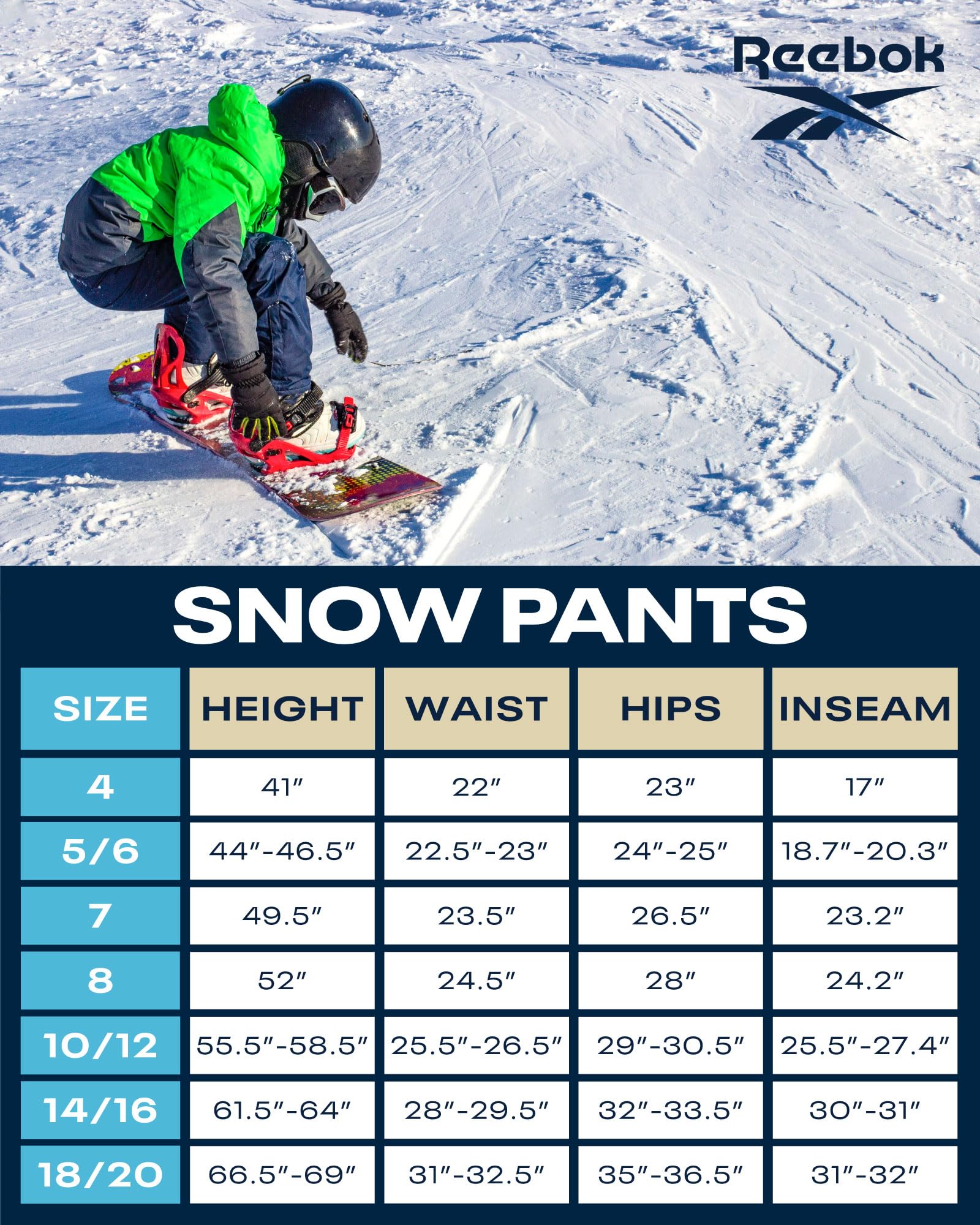 Reebok Pantalon de neige pour garçon – Pantalon de snowboard imperméable lourd avec poches cargo, guêtres de neige – Pantalon de ski pour garçons (4-20)