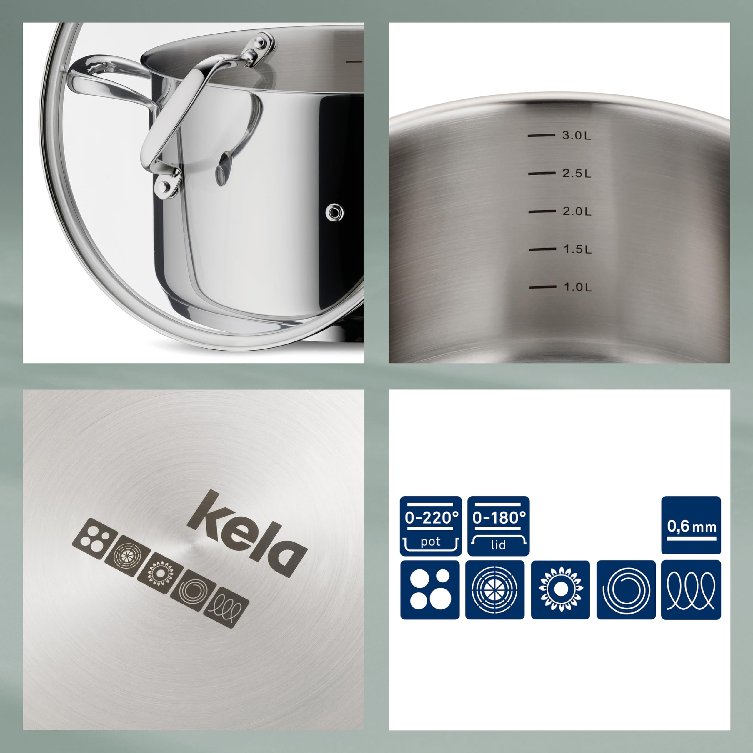 kela Bratentopf 20 cm FLAVORIA, Kochtopf Induktion 2,4 L, Glasdeckel mit Dampfauslassventil, Innenskalierung, Kochtopf klein, unbeschichtet