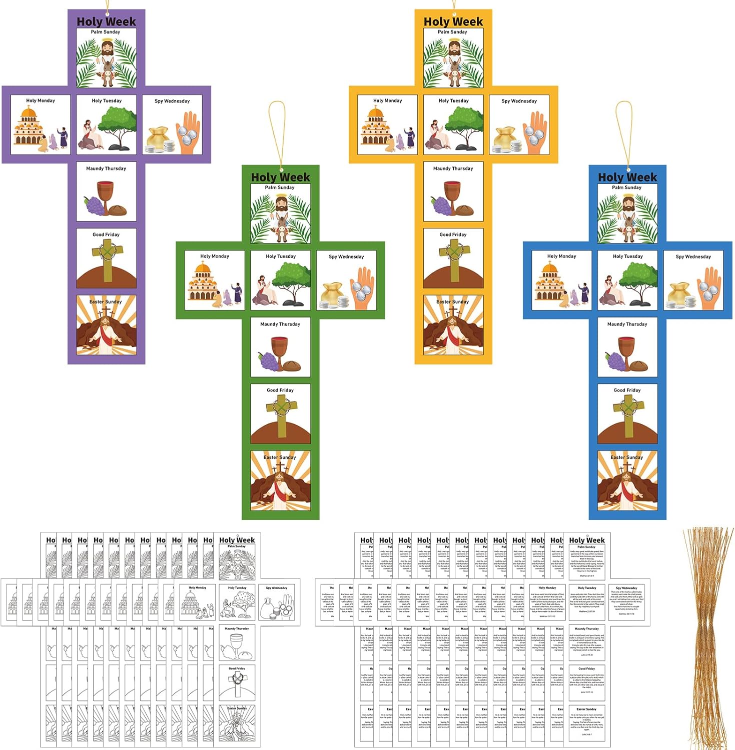 Motipuns 24 Pcs Religious Easter Crafts Bulk Holy Week Coloring Craft Kit Christian Easter Bible Story Scene Jesus Cross Cards DIY Palm Sunday Crafts for Church Party Supplies Sunday Activity Ornament