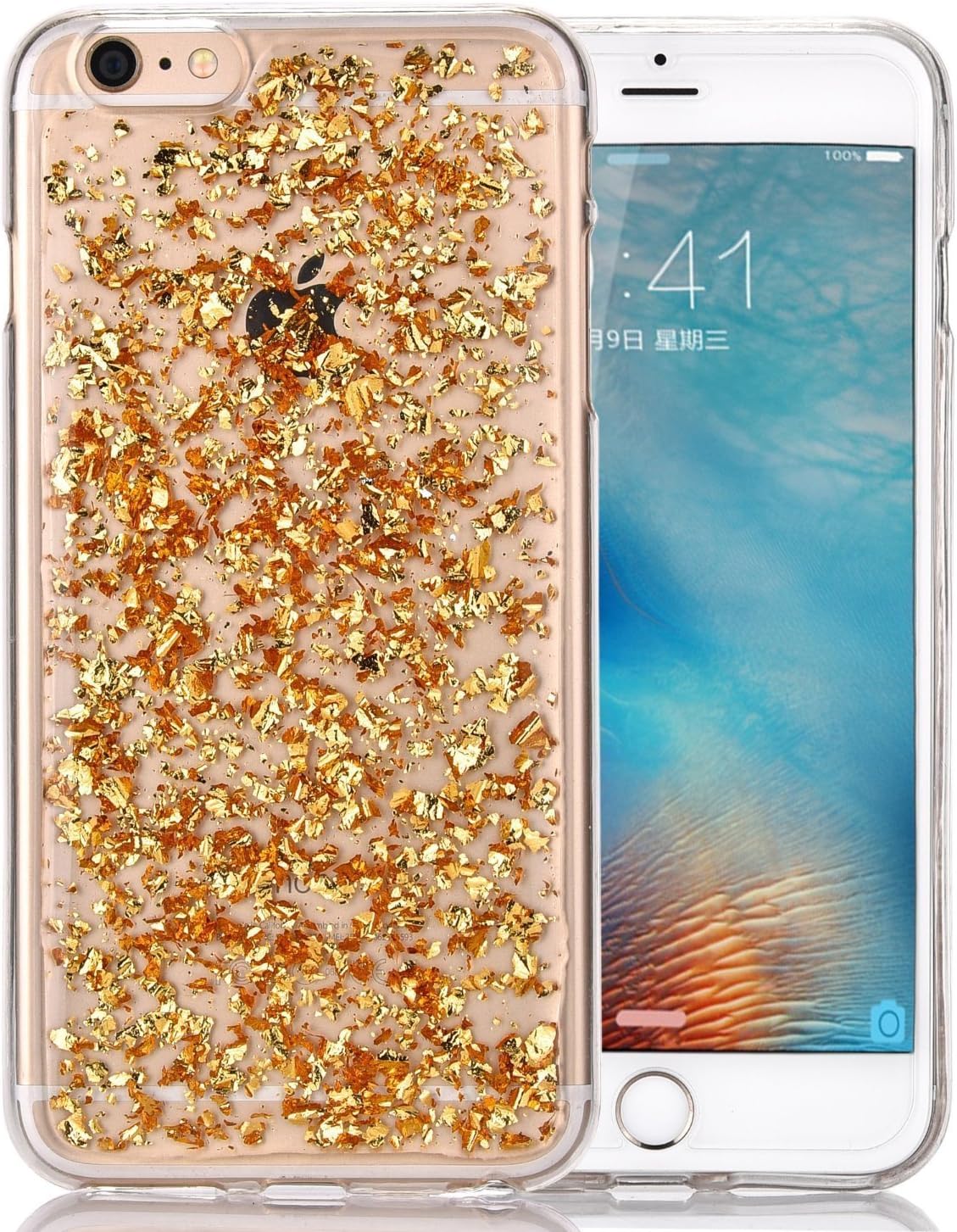 iPhone 6s Case, Luxury Bling Sparkle Faceplate Gold Leaf Design Semi-Transparent Flexible Soft TPU Protective Case Slim Fit for Apple iPhone 6/6s 4.7 Inch (Gold)