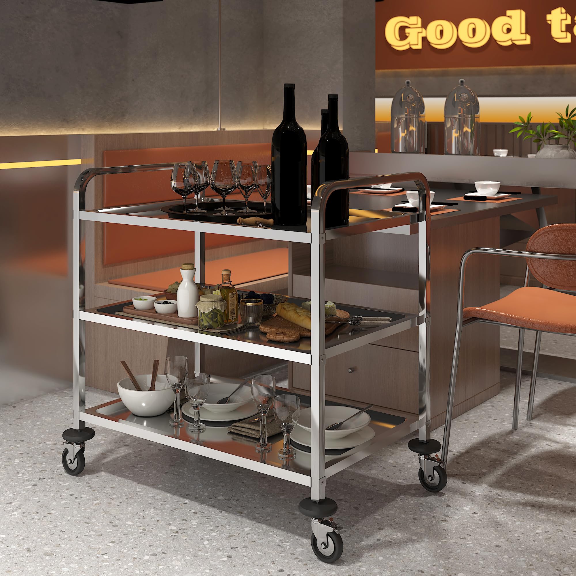 servierwagen Edelstahl 3 böden,servierwagen mit Rollen und 4-Bremsräder,Küchenwagen für Hotel Restaurant (75 x 40 x 83cm)