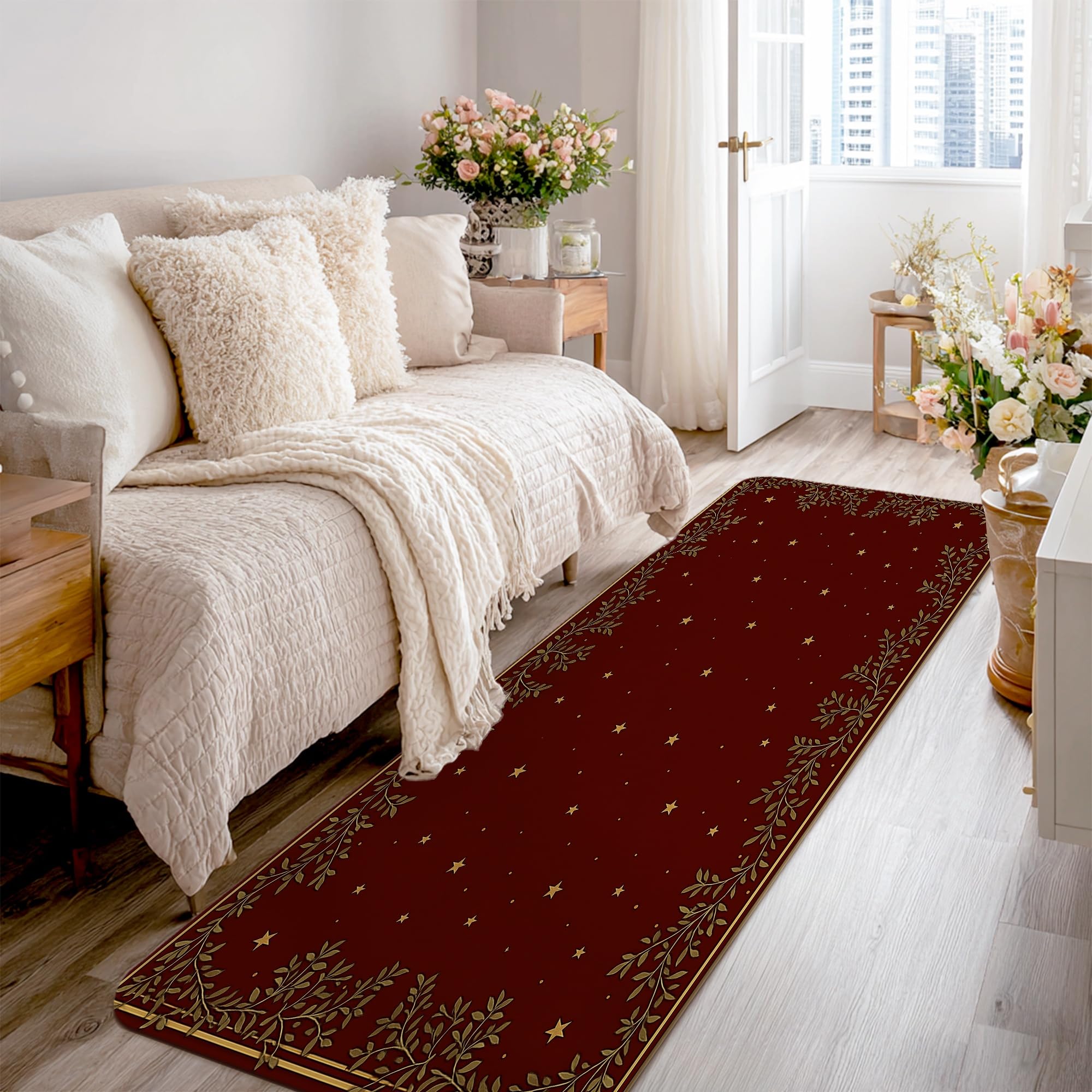 Stars Runner Rug, Christmas Elegant Leaves Branches Christmas Burgundy Non-Slip Soft Rectangle Carpet Stain Resistant for Kitchen Laundry Room Doorway Entryway Decor 2x8 Ft