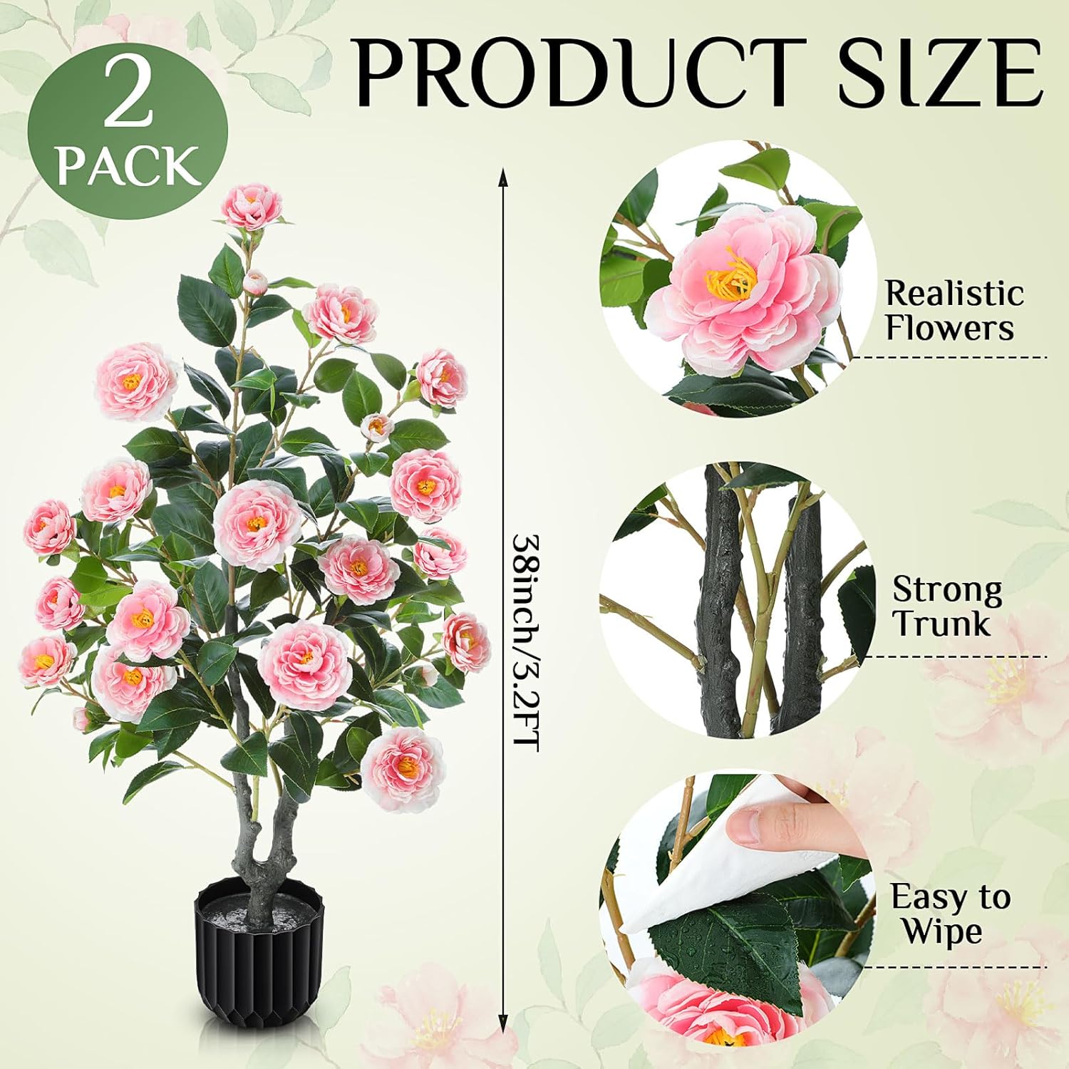 Giegxin 2 Pack 3.2 Ft Artificial Camellia Outdoor Trees Fake Faux Floral Flower Blooming Potted Plant in Cement Pot Realistic Faux Camellia Plants for Porch Decor Indoor Outdoor Office Home, Pink