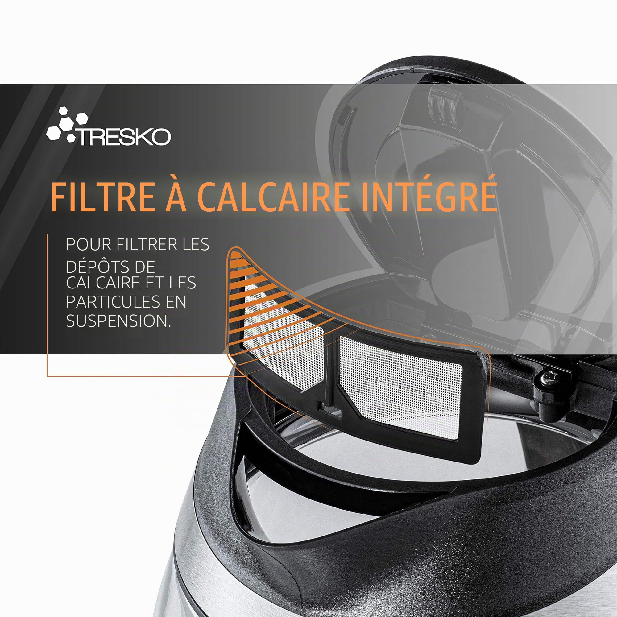 TRESKO Bouilloire électrique en cristal 1.8 L avec infuseur à thé et filtre à eau | Illumination LED | 2200W | Température réglable | Fonction de Maintien au Chaud