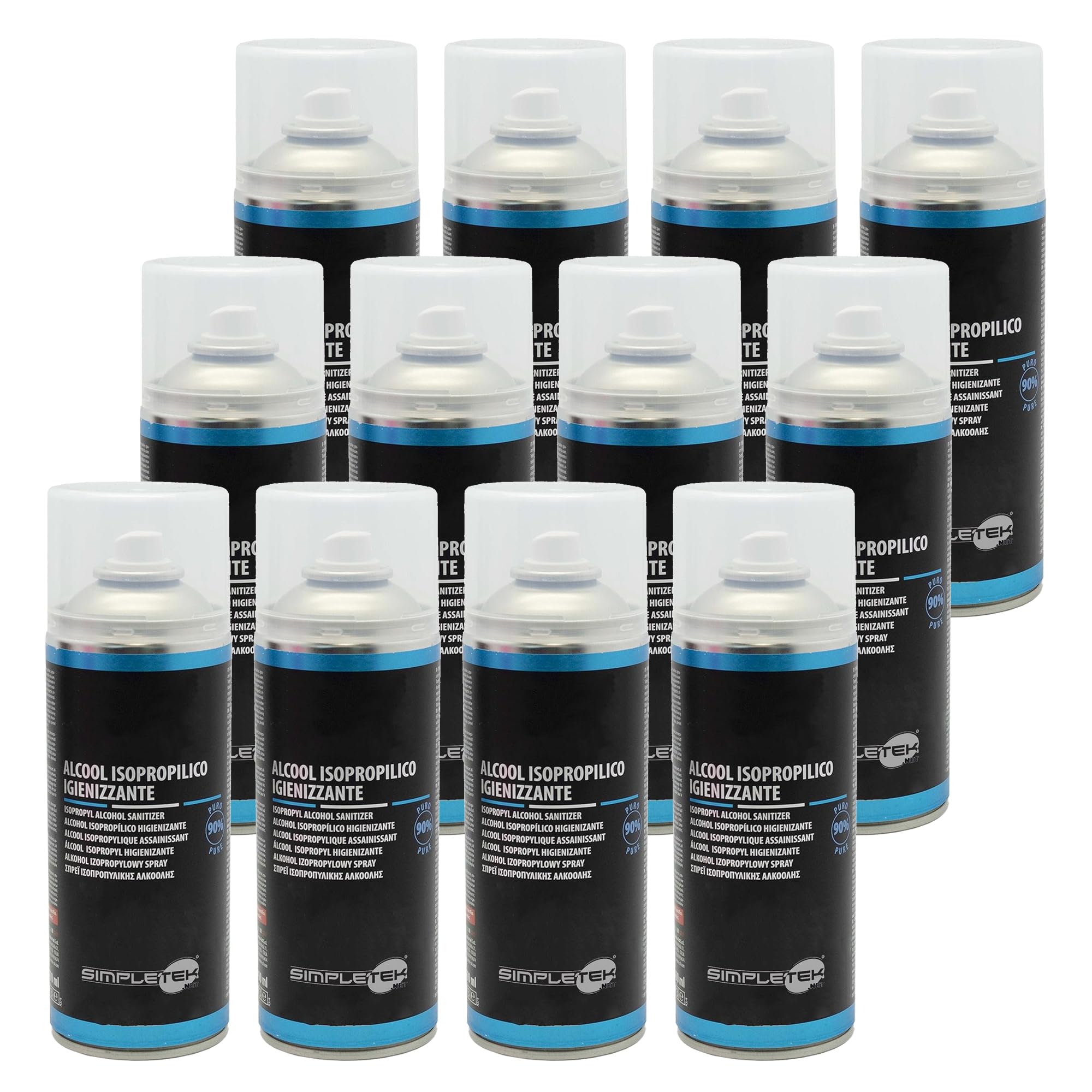 SIMPLETEK - 12x Alcool Isopropilico Puro 90% Spray Pulizia Contatti Elettronica 400ml | Evapora Rapido Senza Residui | Circuiti PC Tastiere Smartphone Ottiche (12 pezzi)