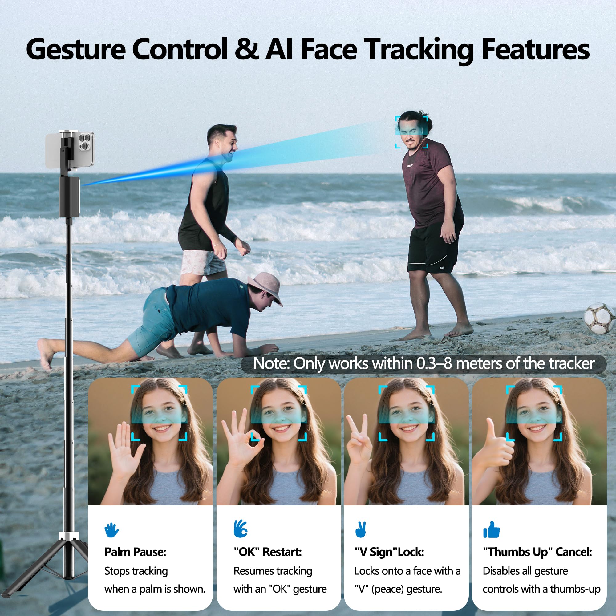 Trípode de palo selfie de seguimiento facial automático para iPhone, rotación de 360 grados que sigue la cara y el movimiento (1 soporte para teléfono 3 en 1)
