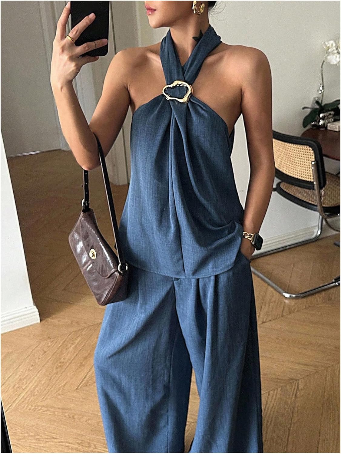 SweatyRocks Women's 2 Piece Outfits Halter Tank Top Blouse and Wide Leg Pants Matching Sets - Image 6