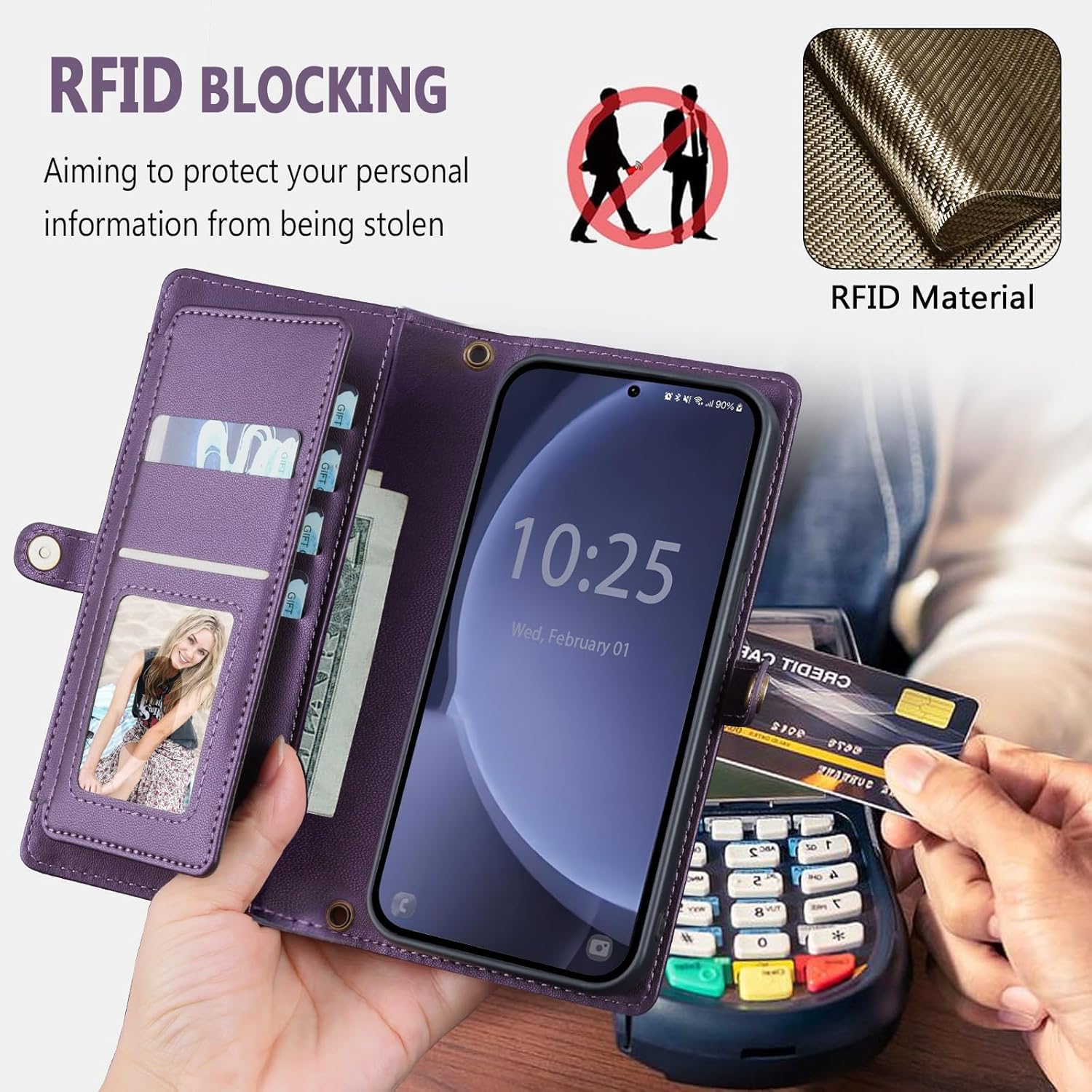 for Samsung Galaxy S25 Wallet Case with Card Holder/Crossbody Wallet/Strap,[RFID Blocking][Magnetic] PU Leather Shockproof Protective Cover Samsung Galaxy S25 Case 6.1”,Purple