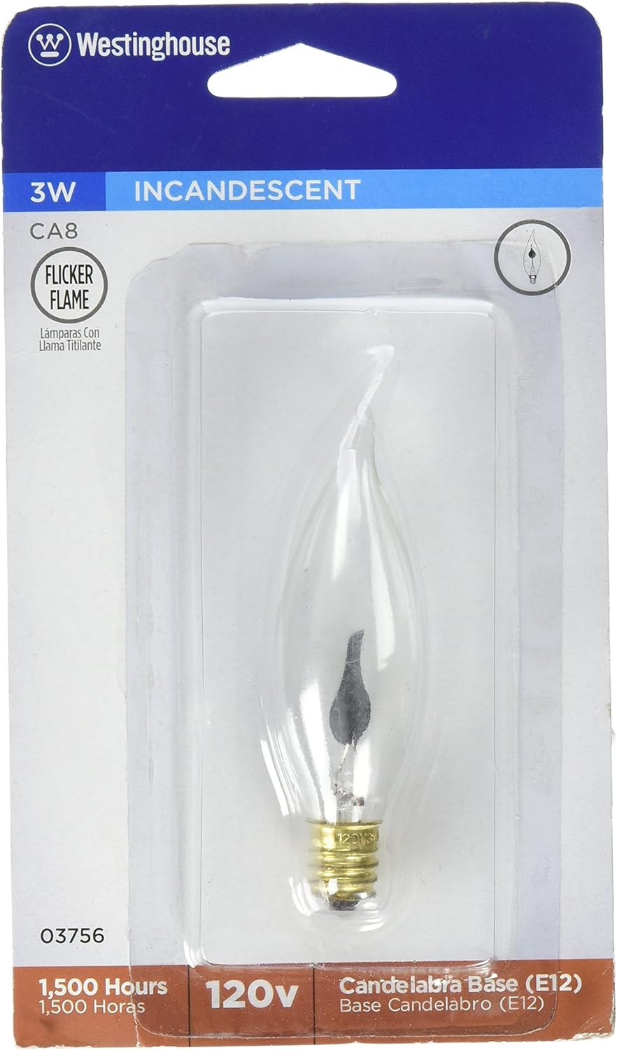 Westinghouse 03756 Clear Flicker Flame Shaped Light Bulb 3 W Candelabra 3-7/8 Carded, 1 Pack