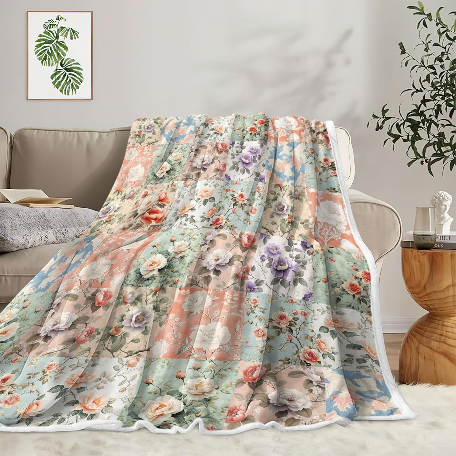 Boho Throw Blanket Pink Floral Patchwork Throw Blankets for Women Cozy Blanket Colorful Vintage Flower Throw Blankets Decorative Soft Cozy Flannel Blanket for Home Bed Sofa Couch Chair, 60"x80"