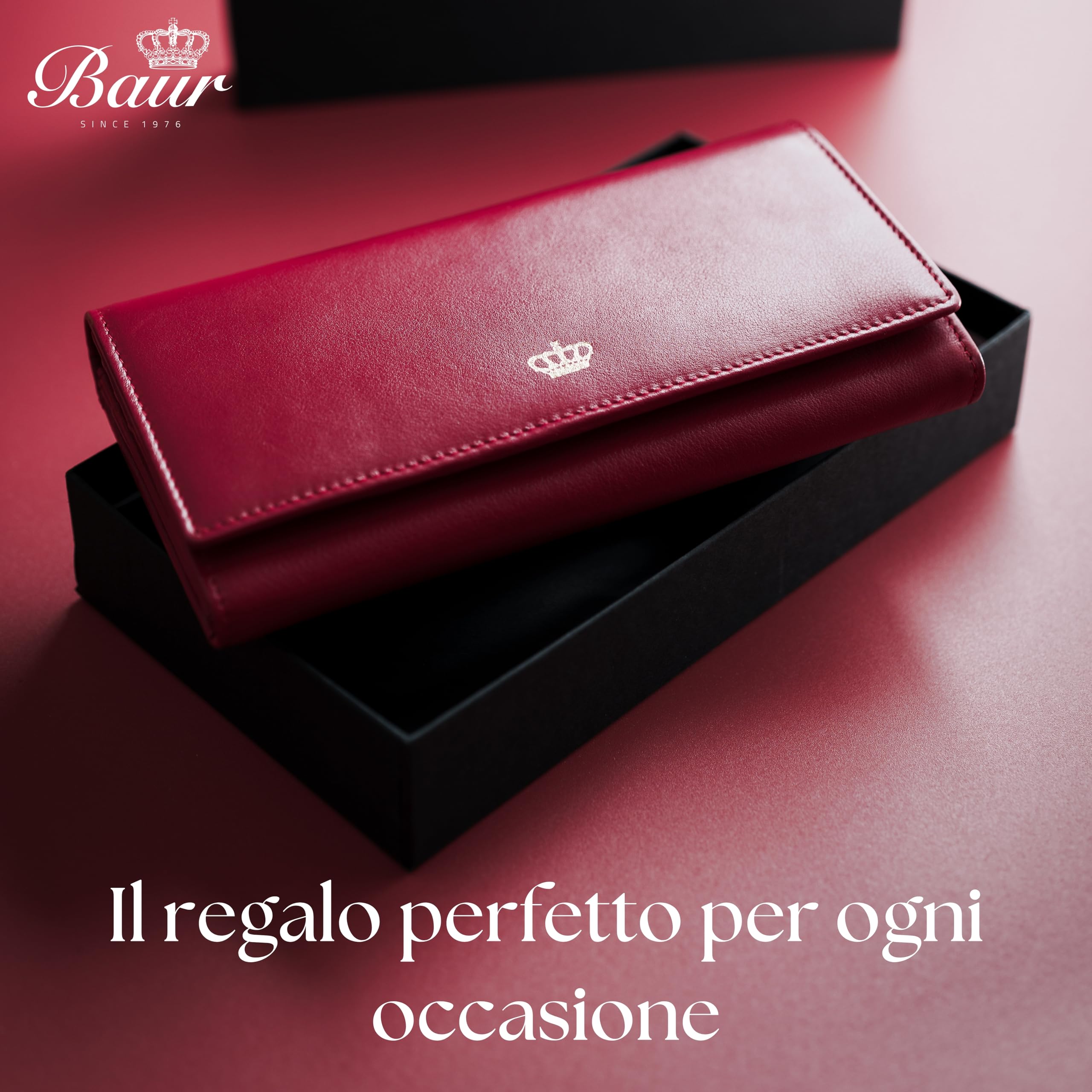Baur portafoglio da donna – vera pelle nappa con protezione RFID – portafoglio grande con 18 scomparti carte e scomparto monete con cerniera metallica – tutto in pelle (Design oro, Rosso)
