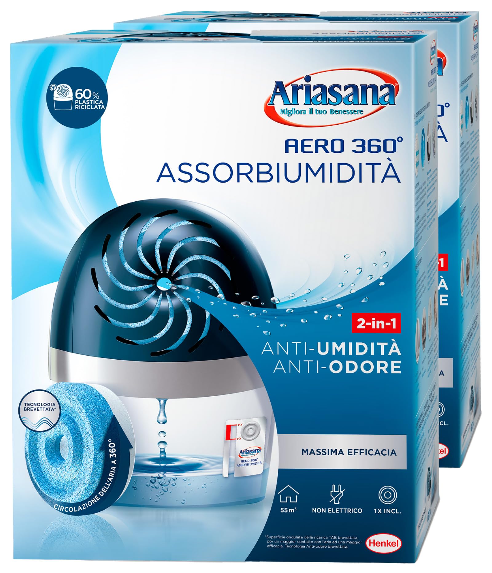Ariasana Aero 360° Assorbiumidità Antiodore 2in1 Deumidificatore in Plastica Riciclata Non Elettrico Previene Condensa Muffa Cattivi Odori con Ricarica Tab da 450g - 2 Deumidificatori