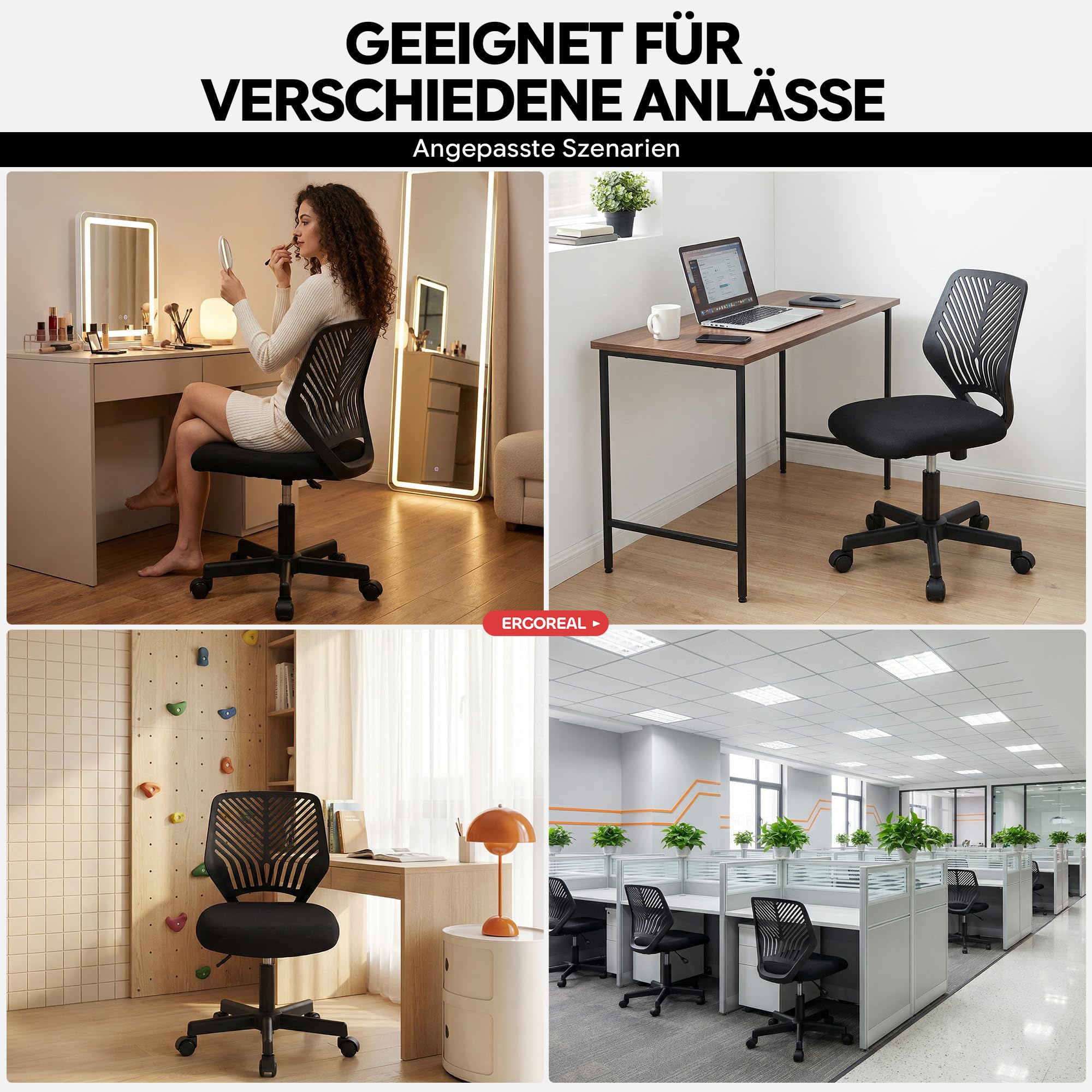 Ergonomischer Bürostuhl ohne Armlehne, Bürostuhl mit Rollen & Höhenverstellung, Bürostuhl Cozy mit Ergonomischer Rückenlehne,Homeoffice/Arbeitszimmer/Studienzimmer (Tiefe Schwarz)