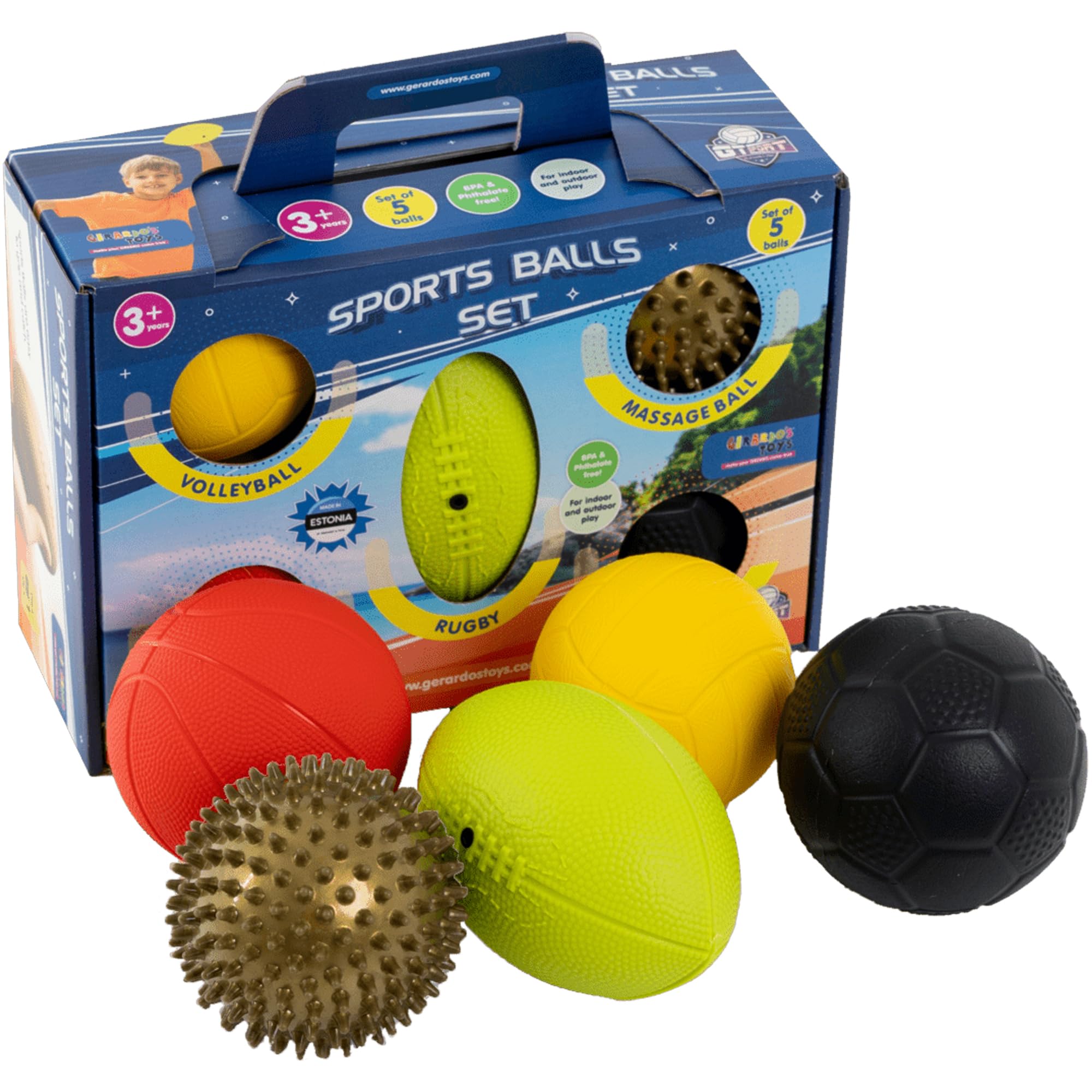 GERARDO'S Toys Lot de 5 Petites balles de Sport différentes – Balle de Massage, Mini Basketball, Mini Football, Ballon de Rugby et Ballon de Volley-Ball, sans BPA et sans phtalates