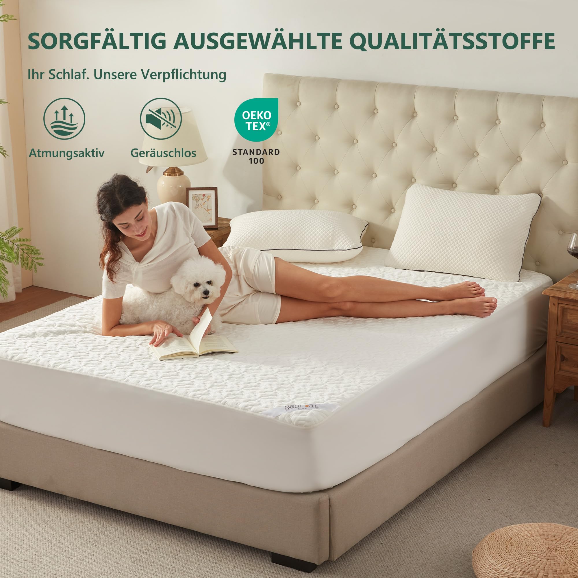 BEDLORE Matratzenschoner 180x200 cm, wasserdichte atmungsaktive Matratzenauflage mit 40 cm Tief-Taschen, Oeko-TEX® Zertifiziert, geräuscharm und elastisch (Weiß)