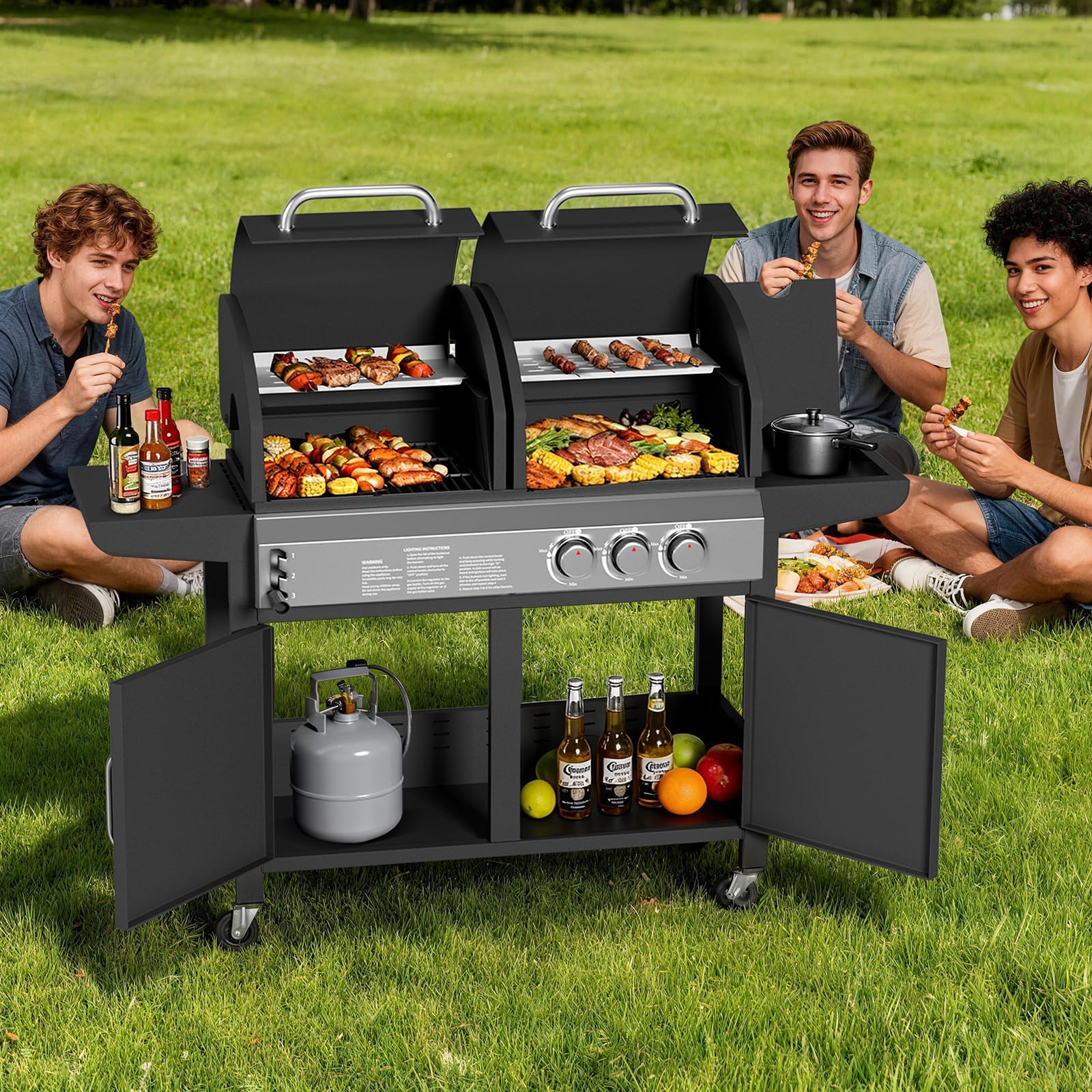 GarveeHome Plancha Gasgrill & Holzkohlegrill Kombi mit Seitenbrenner, 24.000 BTU Dual Fuel BBQ, emaillierter Gusseisenrost, Kochfläche, Gasgrill klein für Balkon, Terrasse, Camping