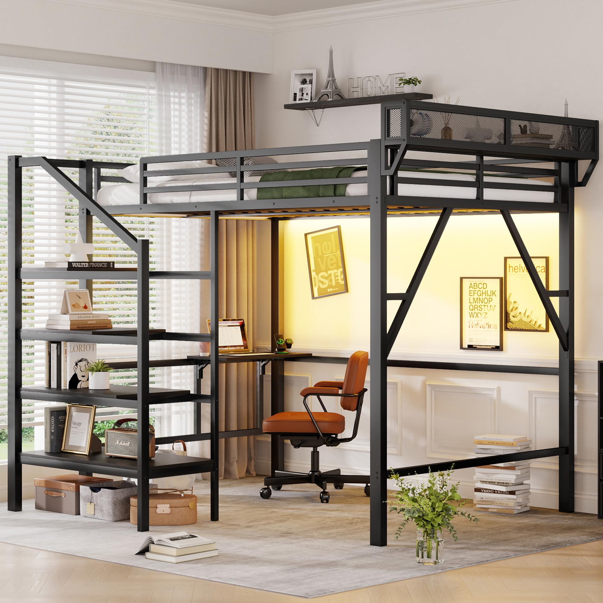 Photo 1 of KEIKI Queen Metal Loft Bed with Foldable Desk & Storage Staircase MISSING PARTS/HARDWARE!