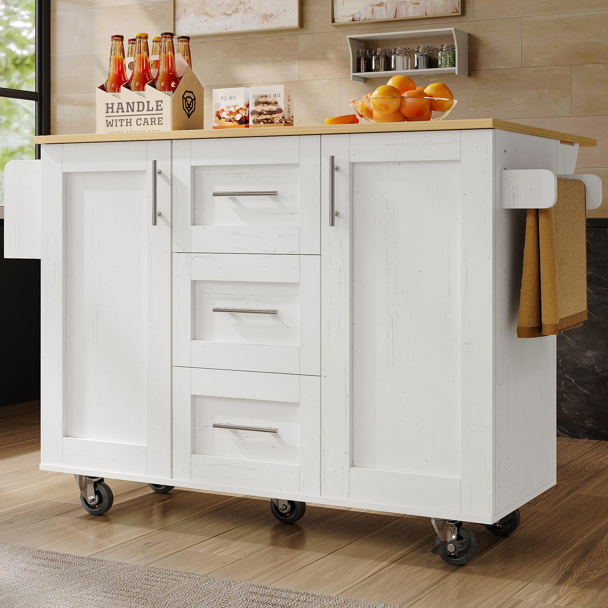 KAZZIO Isla de cocina, separadores extraíbles, ruedas extraíbles como armarios de cocina, carrito de comedor con encimera, armario buffet, carrito de comedor con vetas de madera, con ruedas (blanco)