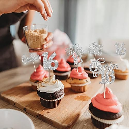 Miniatura 4 de Paquete de 30 adornos para cupcakes con purpurina para cumpleaños de 16 años, dulces 16, palillos de dientes para cupcakes de 16 años, para fiesta