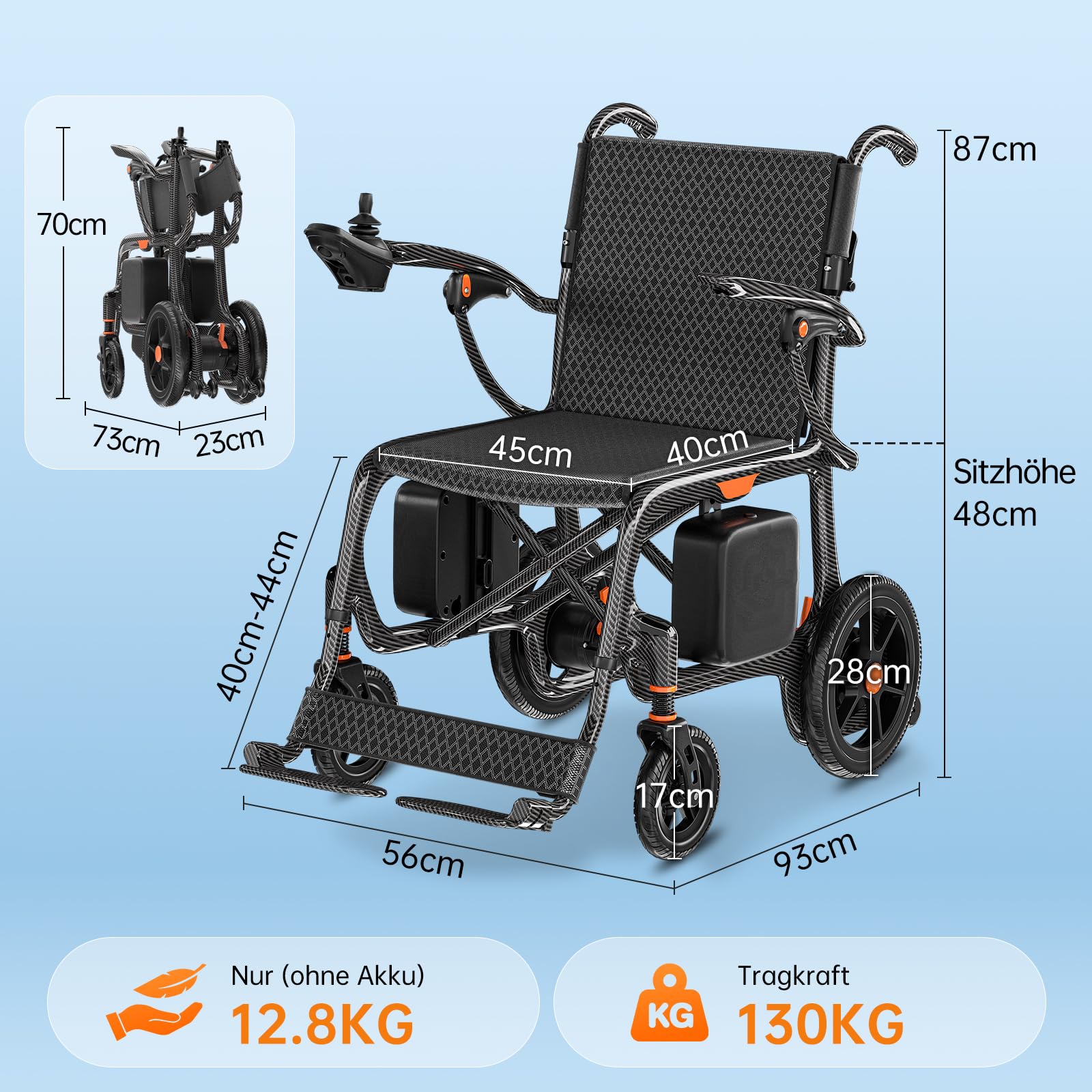 209 Carbon Elektrorollstuhl Ultraleicht, 45 km Reichweite Elektrischer Rollstuhl, Carbon-Rahmen Klappbar Elektrische Rollstühle, Leichtester E-Rollstuhl mit 130kg Tragkraft