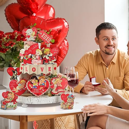 Miniatura 6 de Nitial 16 piezas de bandeja escalonada para el día de San Valentín, decoración rústica de madera para el día de San Valentín, decoraciones retro