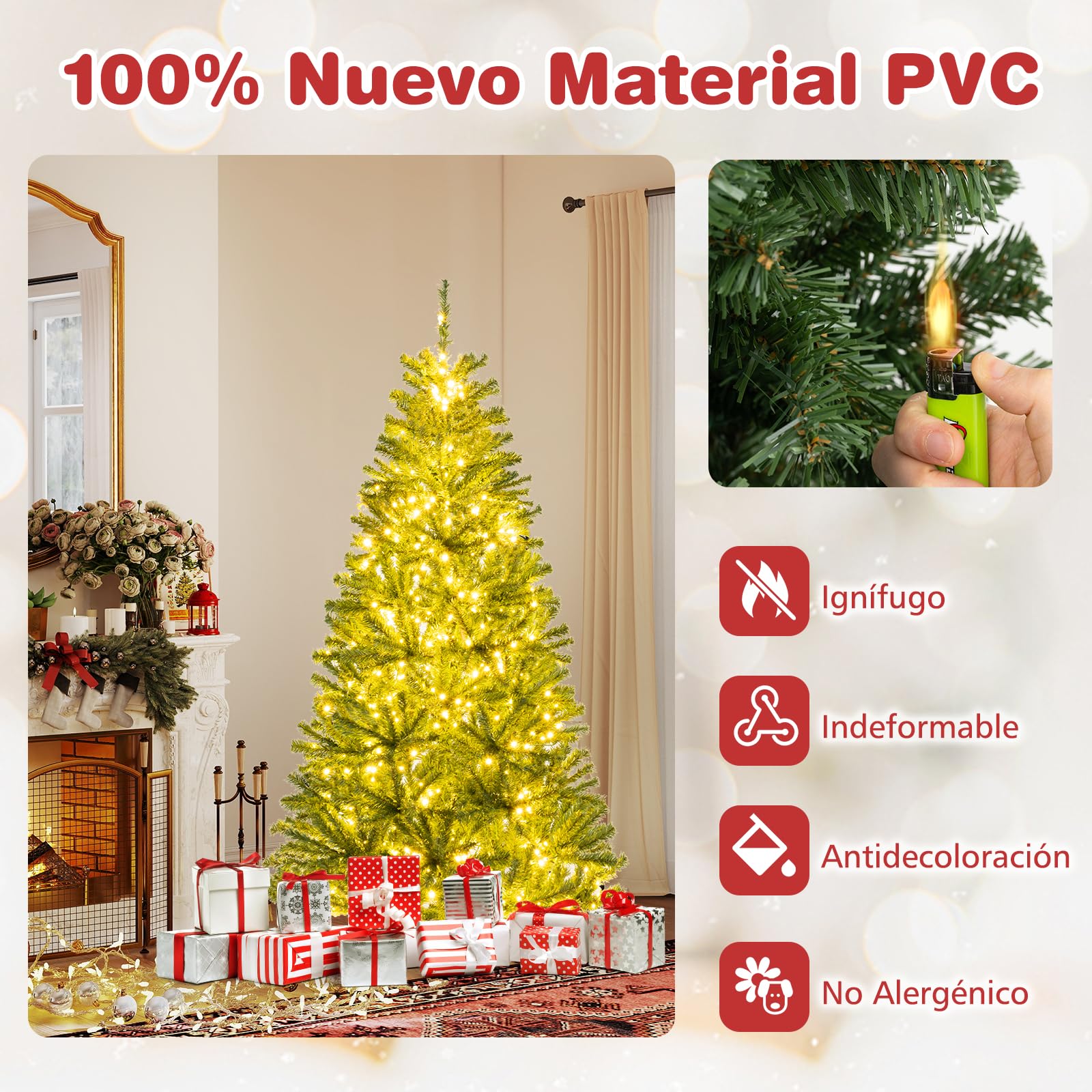 COSTWAY Árbol de Navidad con Luces Incorporadas 180cm, 250 Luces LED Blancas Cálidas, 3 Modos y Brillo Ajustables, Temporizador, 680 Ramas de PVC, Arvore de Natal with Light Hogar Oficina Fiesta