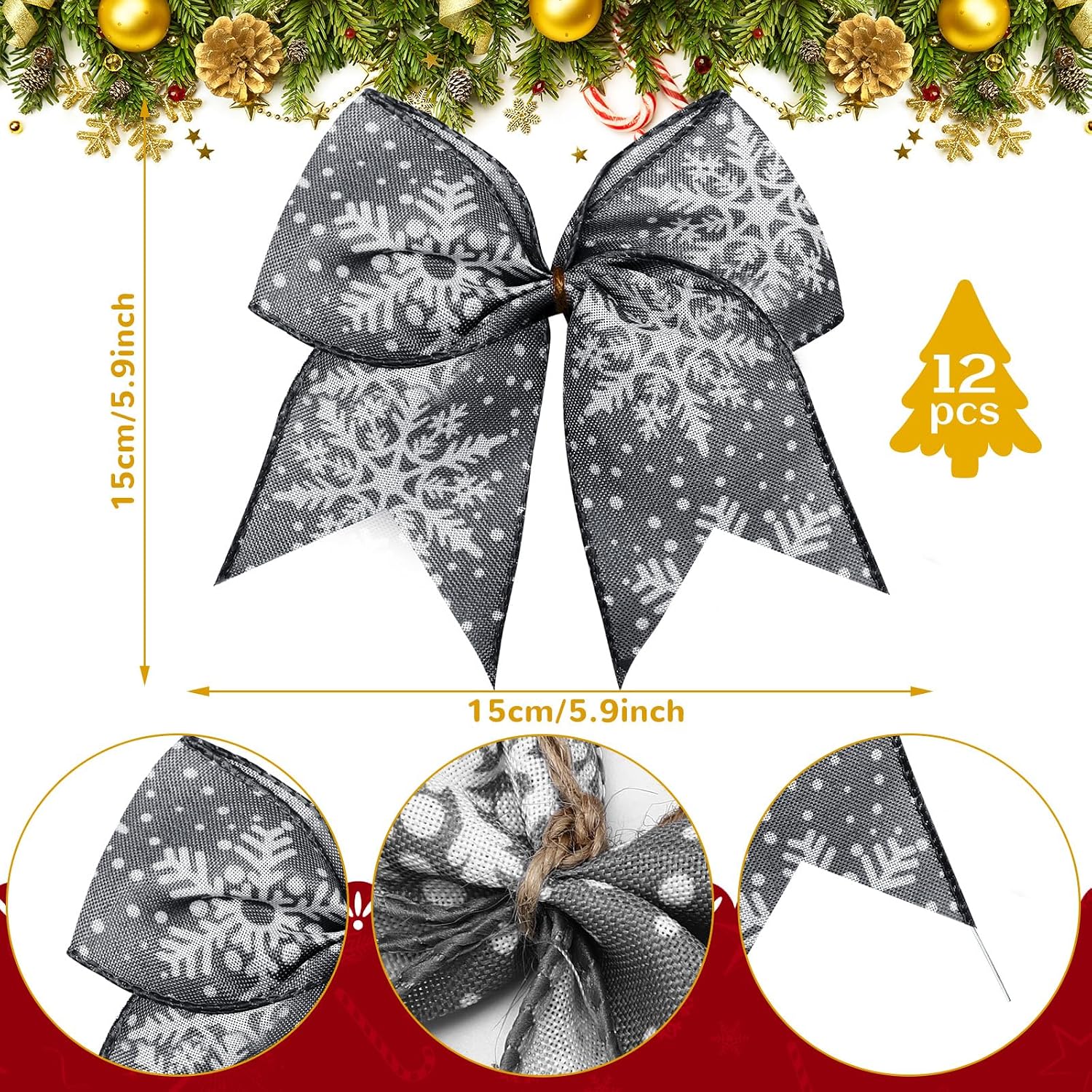 Panelee 12 Pieces Burlap Bow Christmas Wreath Bow 6 x 6 Inch Burlap Bow Knot Snowflake Burlap Bow Christmas Tree Ornaments Craft Bows for Rustic Farmhouse Xmas Birthday Party (Gray, Snowflake)
