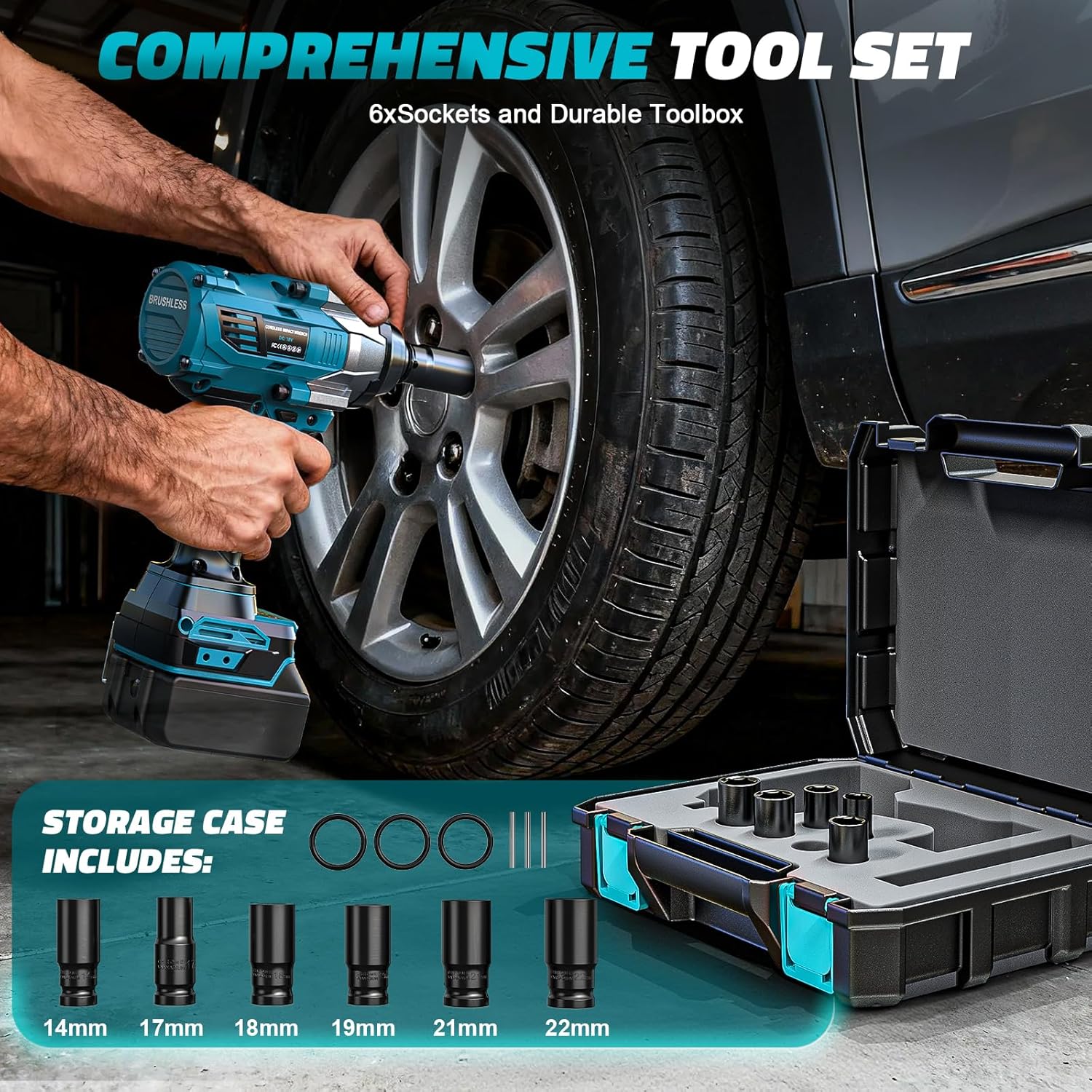 Cordless Impact Wrench 1/2 inch for Makita Battery 900FT-LBS with 6 Sockets and Durable Toolbox Brushless Impact Gun Includes LED Work Light - High Torque Impact Driver, No Battery