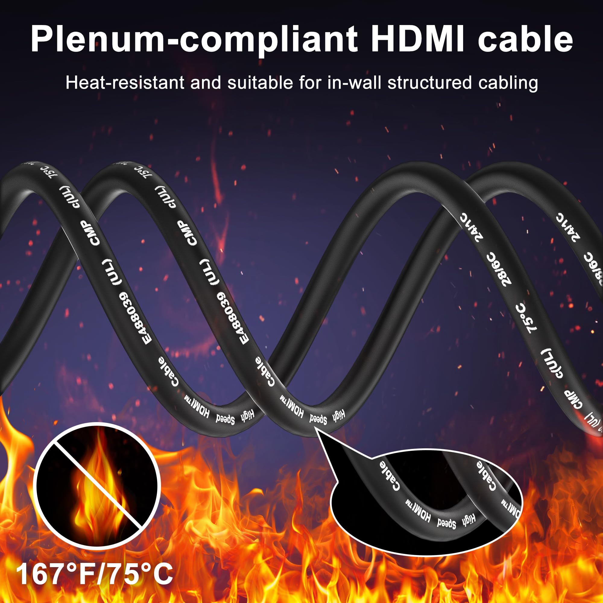 Cable HDMI 8K CL3, cable HDMI 2.1 largo de fibra óptica de 48 Gbps, cable HDMI 2.1 largo en pared CL3 para tuberías, 8K a 60Hz 4K a 240Hz dinámico eARC/HDCP 2.2 y 2.3 compatible con HDTV, consolas de