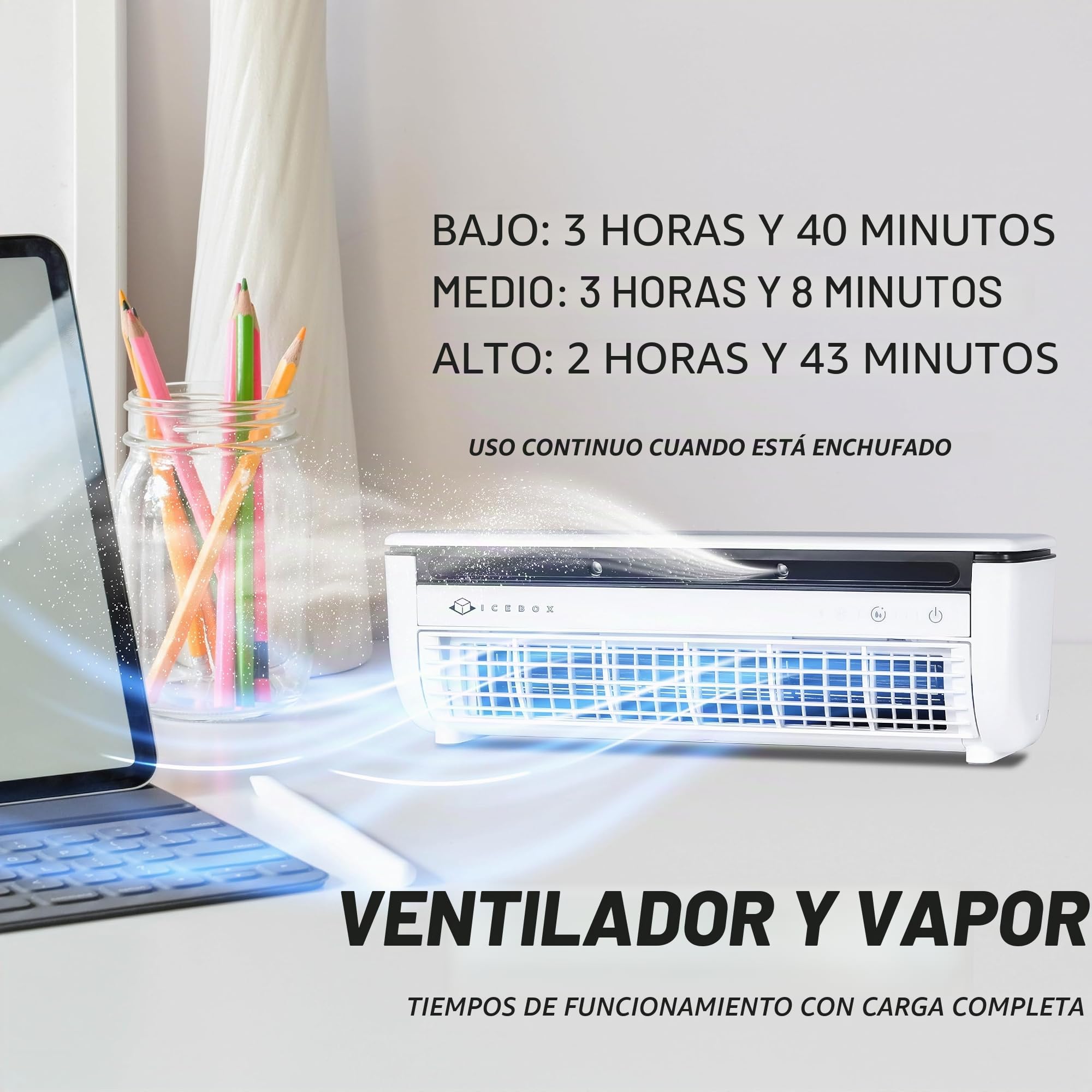 ICEBOX Ventilador de niebla refrigerante, pequeño ventilador portátil con humidificador evaporativo, para escritorio o montaje en pared, 3 velocidades, tanque de 8.8 onzas/260 ml, 8 horas de tiempo de