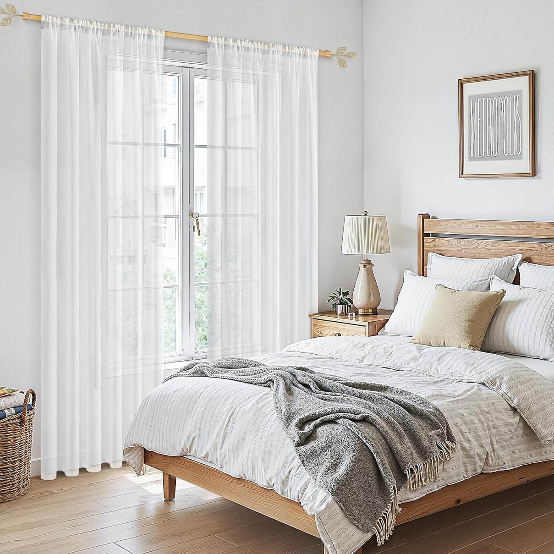 AMZYU Sheer Curtains for Living Room 260 x 135 cm Semi Transparent Rod Pocket Sheer Curtain Wrinkle Resistant Solid Colour, Privacy Protected for Bedroom Patio Door, White