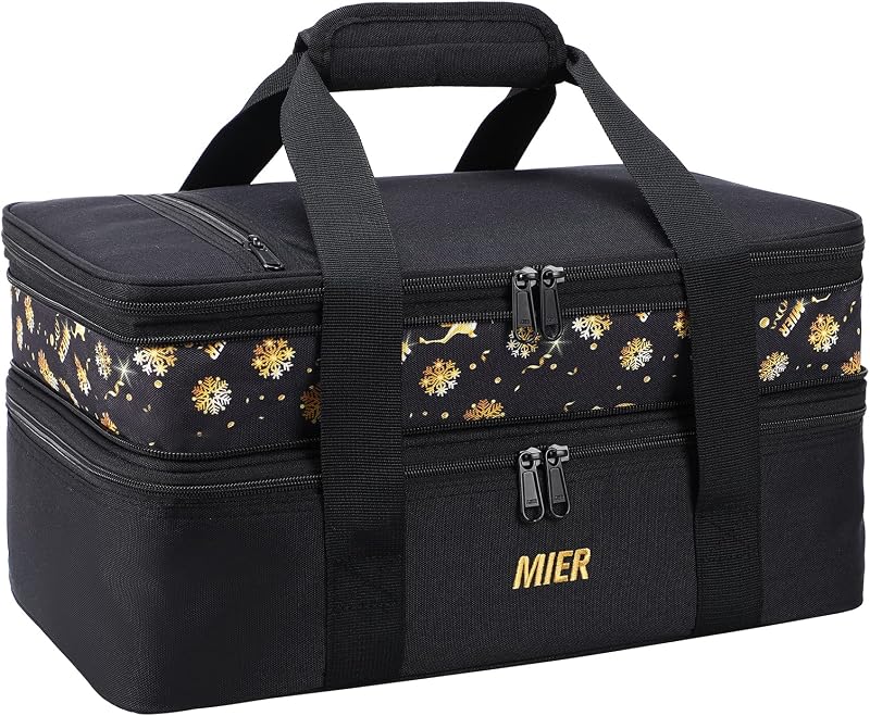 MIER Insulated Expandable Casserole Carrier Fits 9"x13" Baking Dish, Black | Food Transport Bag for Lasagna Lugger, Potluck Parties, Picnic; Thermal for Hot and Cold Food; Convertible to Double Deck