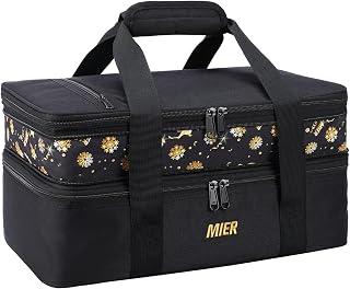 MIER Insulated Double Casserole Carrier Bag for Lasagna Lugger, Potluck Parties, Picnic, Beach, Fits 9 x 13 Inches Baking Dish, Casserole Dish, Expandable, Black