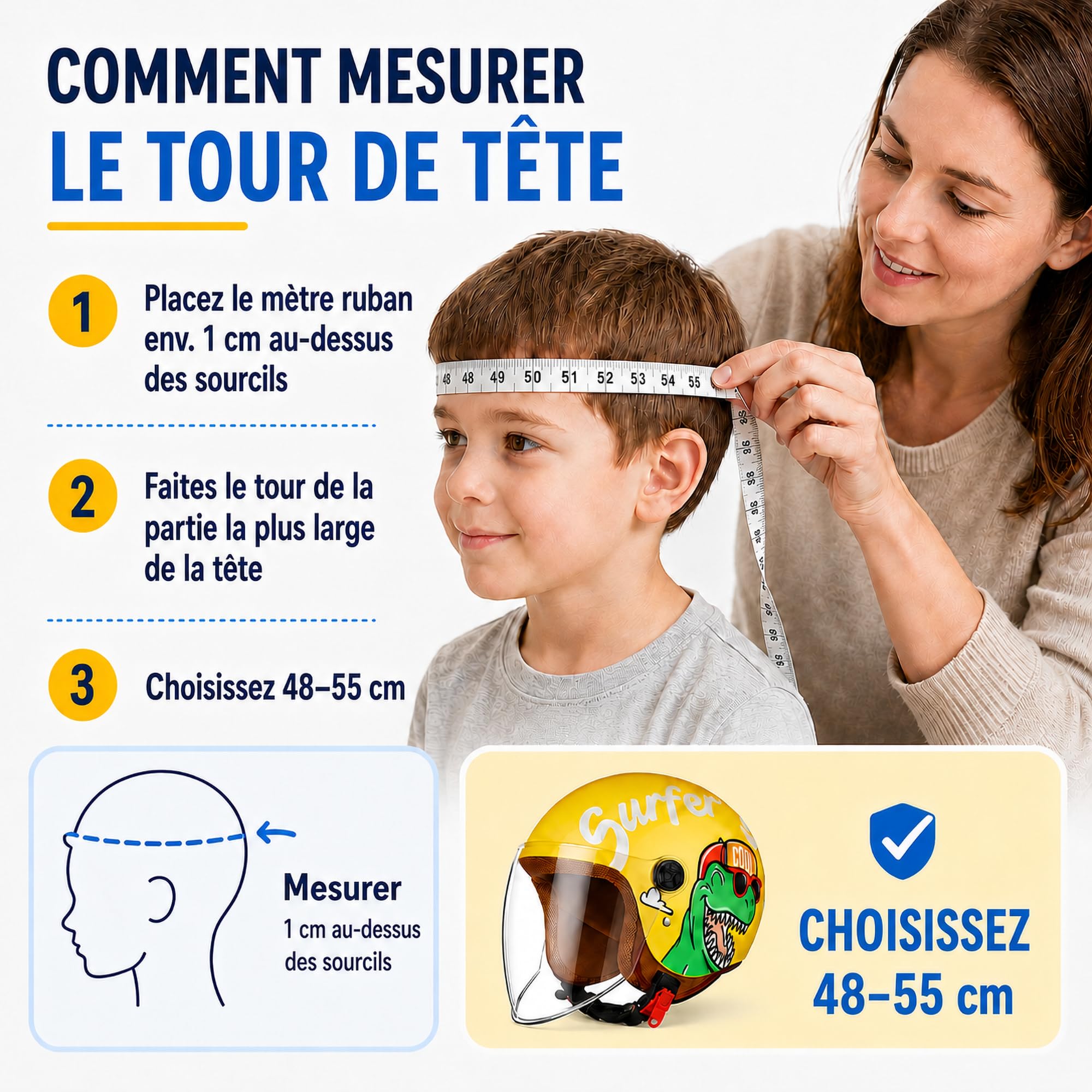 Casque Moto Enfant, Casque Jet Enfant 48–55 cm, Visière, Jaune | Fermeture Rapide et Amovible Lavables, Pour Moto, Scooter Et Cyclomoteur, Pour Enfants 5-12 Ans