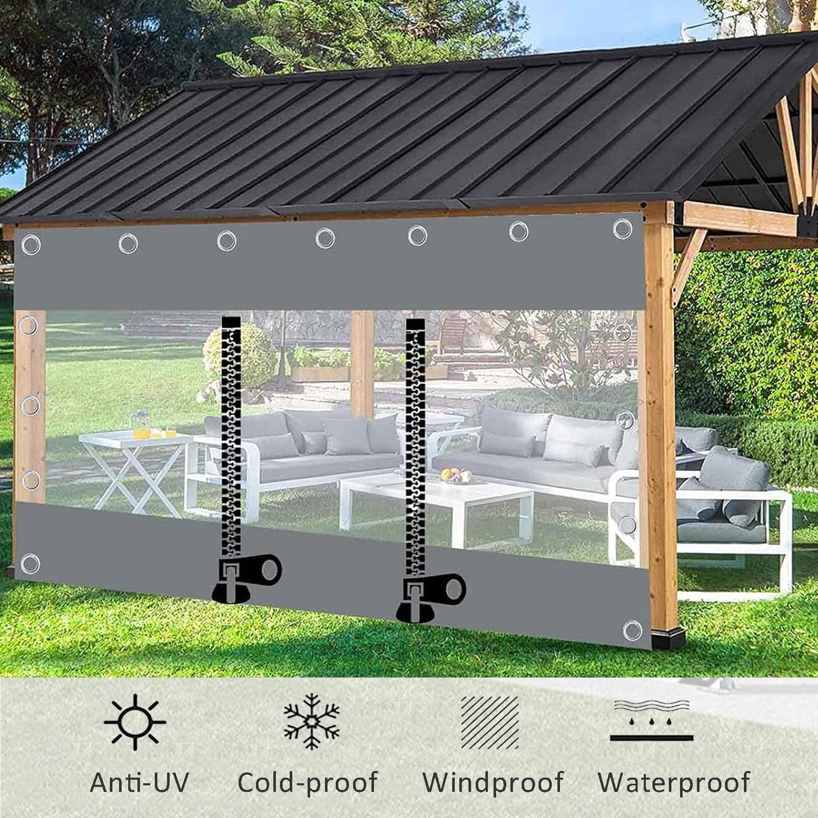 Gazebo Telone trasparente impermeabile pannelli laterali con occhielli, personalizzabili, in PVC trasparente, con cerniera, tende divisorie resistenti alle intemperie