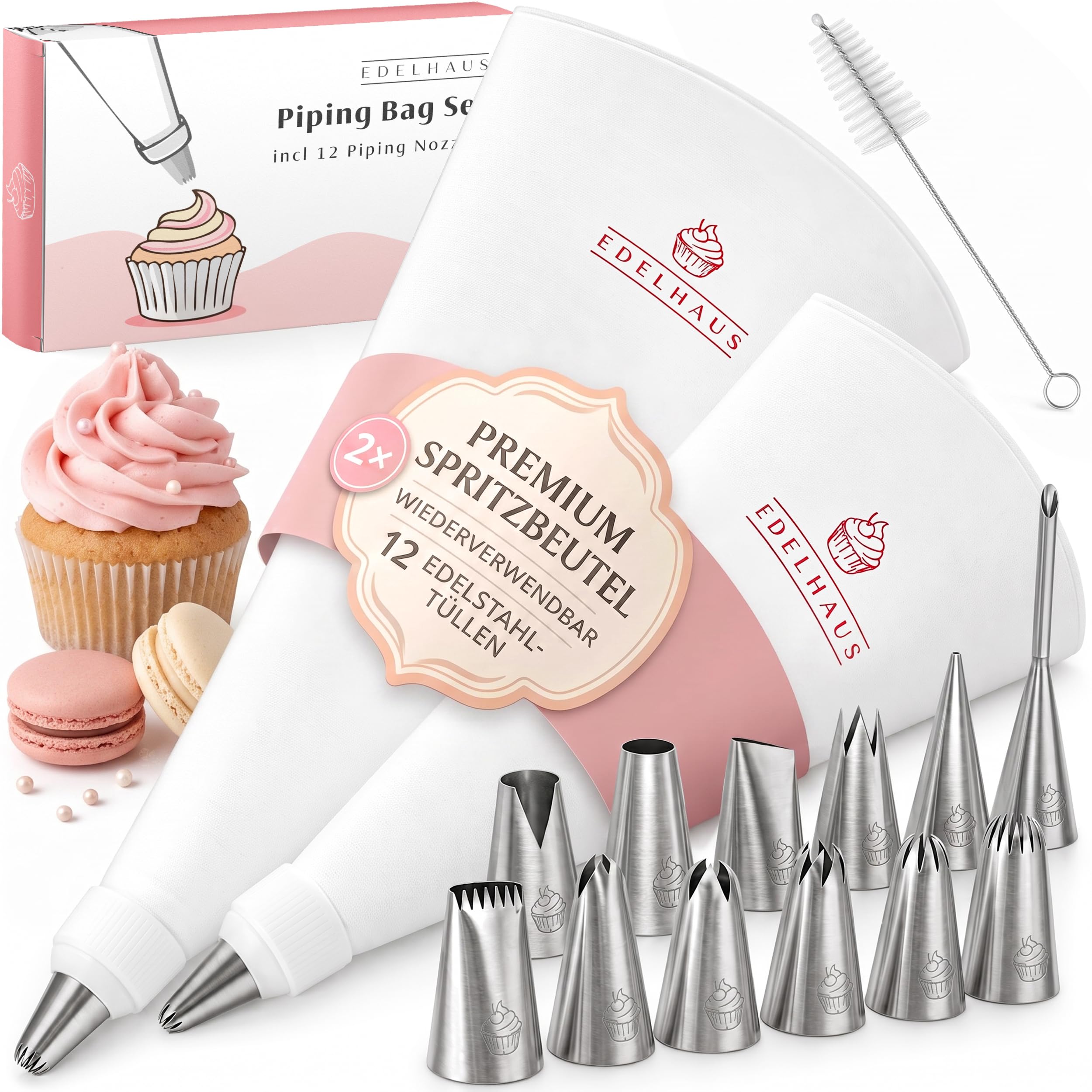 EDELHAUS Spritzbeutel mit Tüllen – wiederverwendbar für Torten und Cupcakes | 12 Edelstahltüllen, 2 Adapter, Baumwollbeutel in 30 und 40 cm – spülmaschinengeeignet für Sahne, Cremes und Keksdekorationen