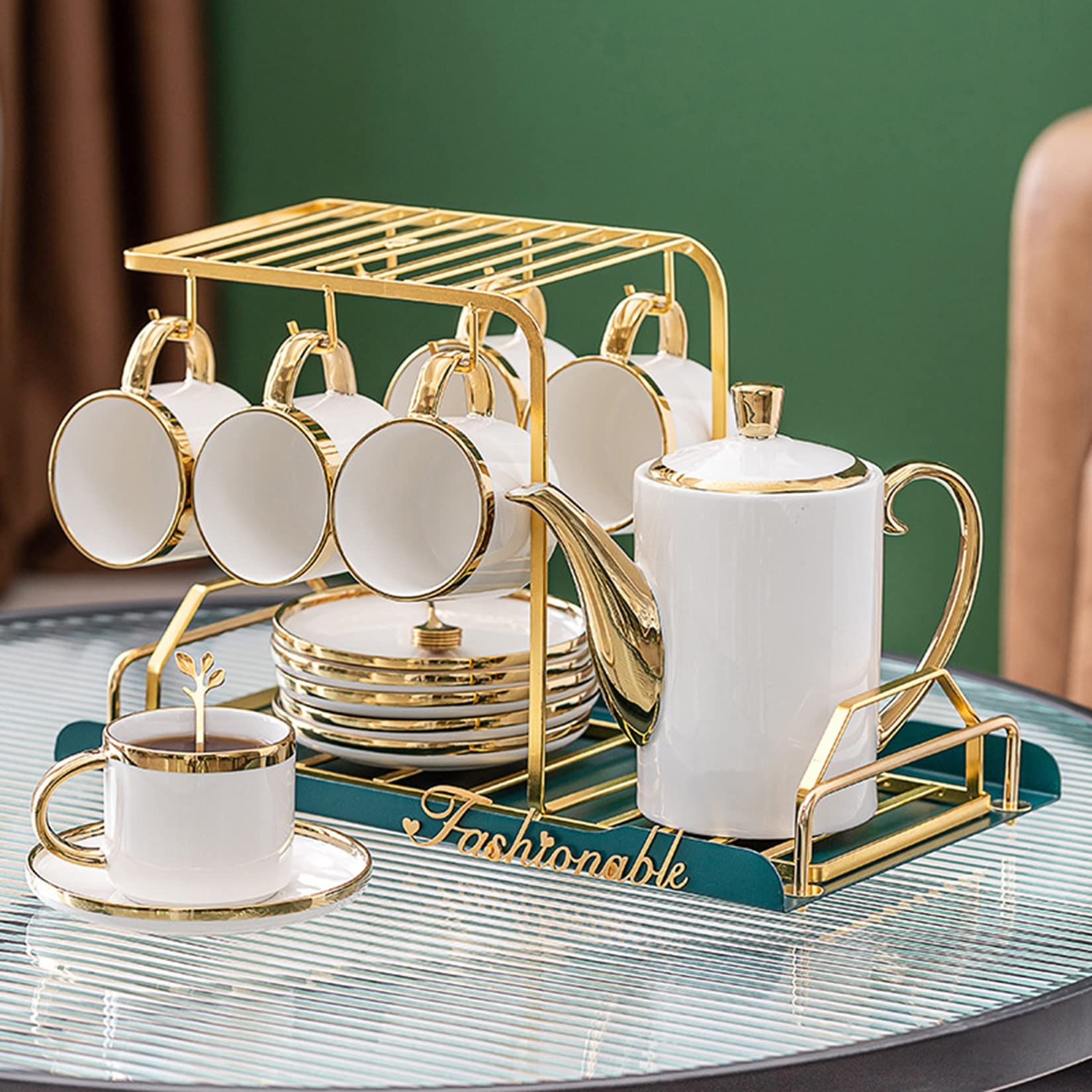 Set regalo da 21 pezzi in porcellana, ceramica, caffè, tè, tazze e piattino, teiera, vassoio e cucchiaini for cene in famiglia, regalo di lusso, verde/1240