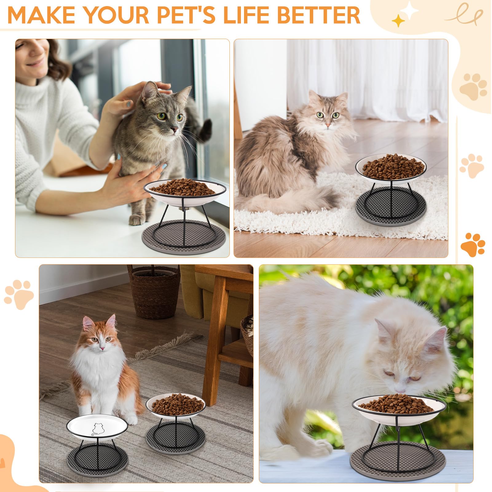 FoiiLiio Ciotole per Gatti Rialzate 2 Pezzi Ciotola per Gatti Ceramica Rialzata 10CM con Supporto e Pad Antiscivolo Porta, per Cibo e Acqua