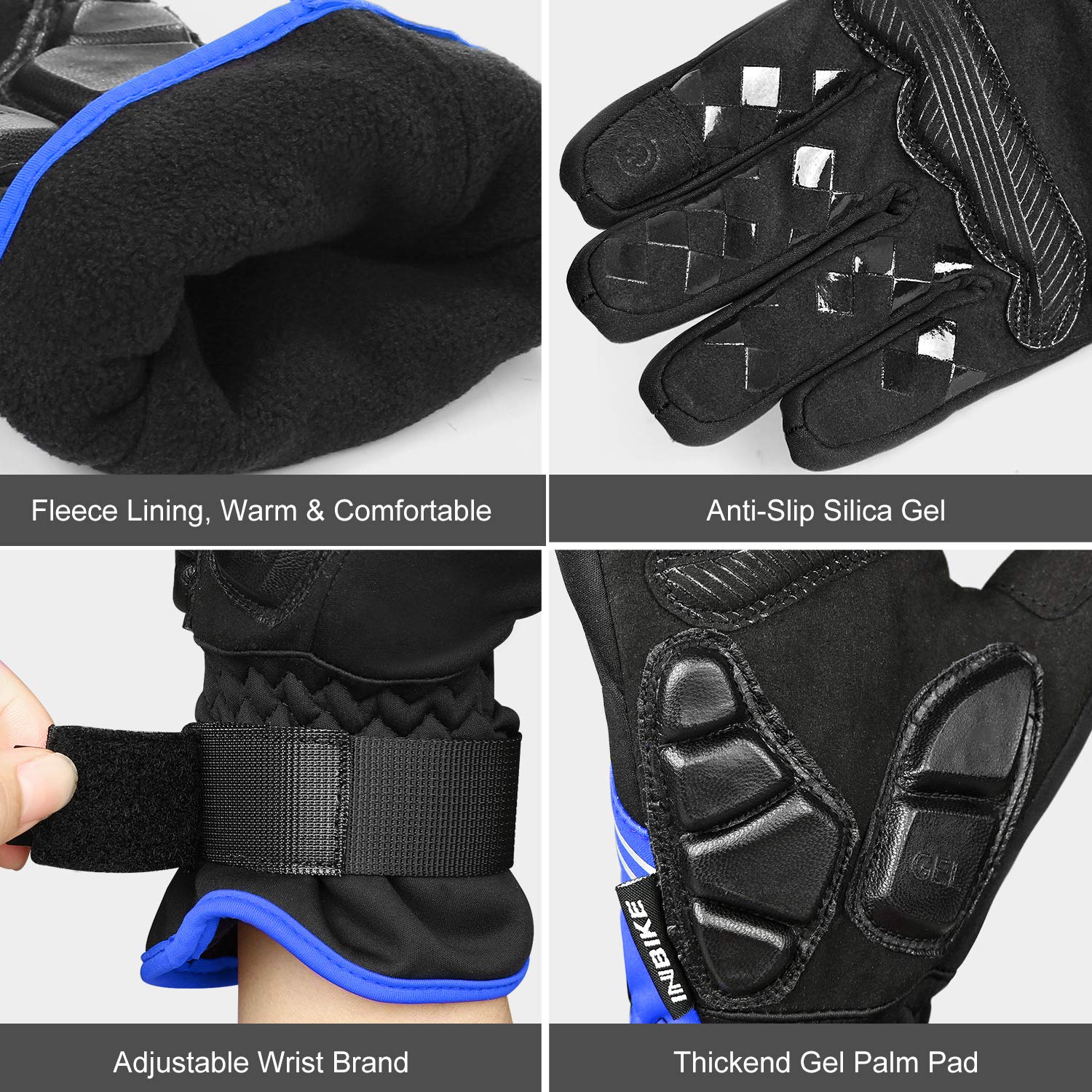 INbike Gants d'hiver pour homme et coupe-vent en gel thermique réfléchissant, écran tactile, pour VTT, bleu moyen