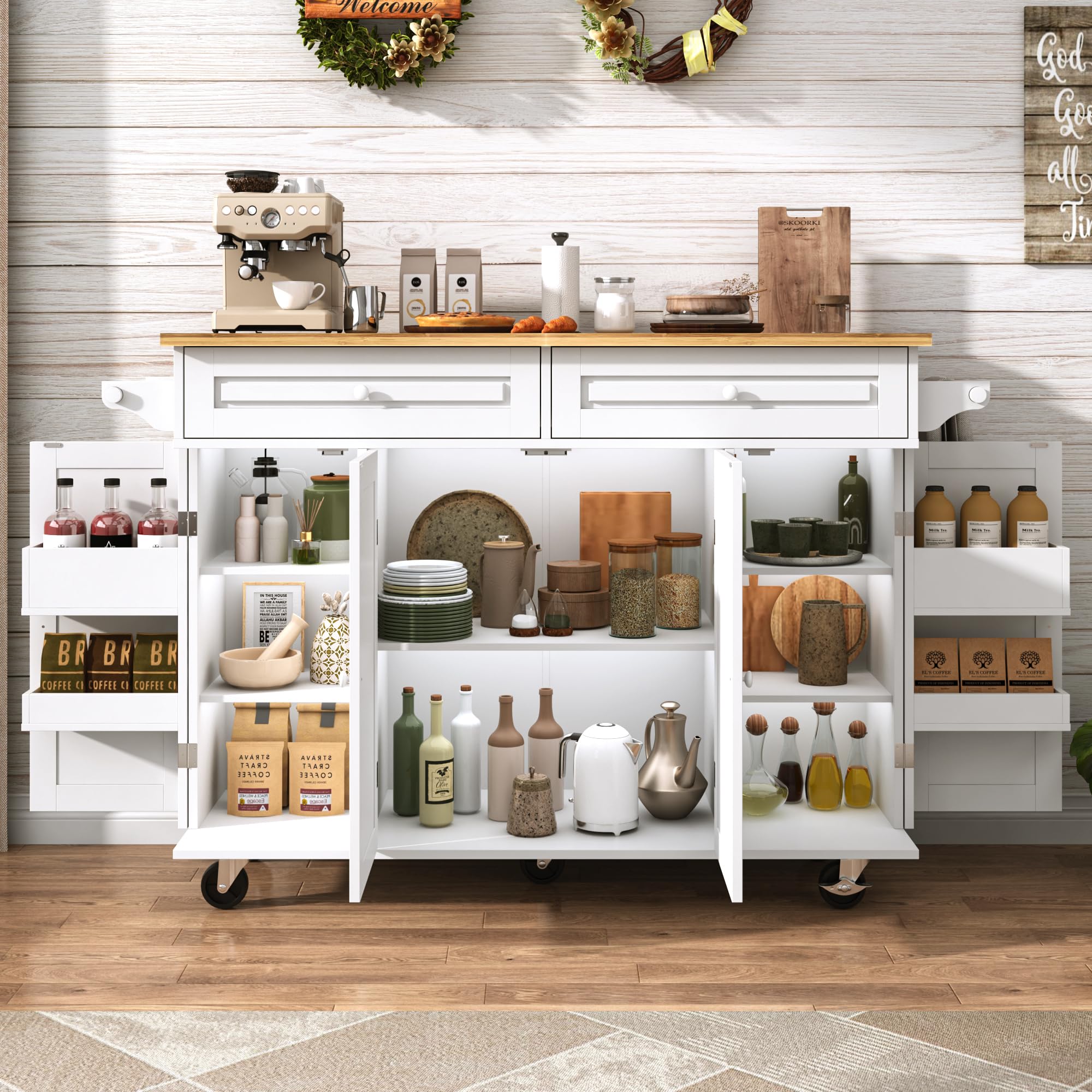55" W Rolling Kitchen Island with Drop Leaf – Movable Kitchen Carts on Wheels Island with Storage Cabinet, Island Table for Kitchen with Rubber Wood Top and Rack and Drawers, Matte, White