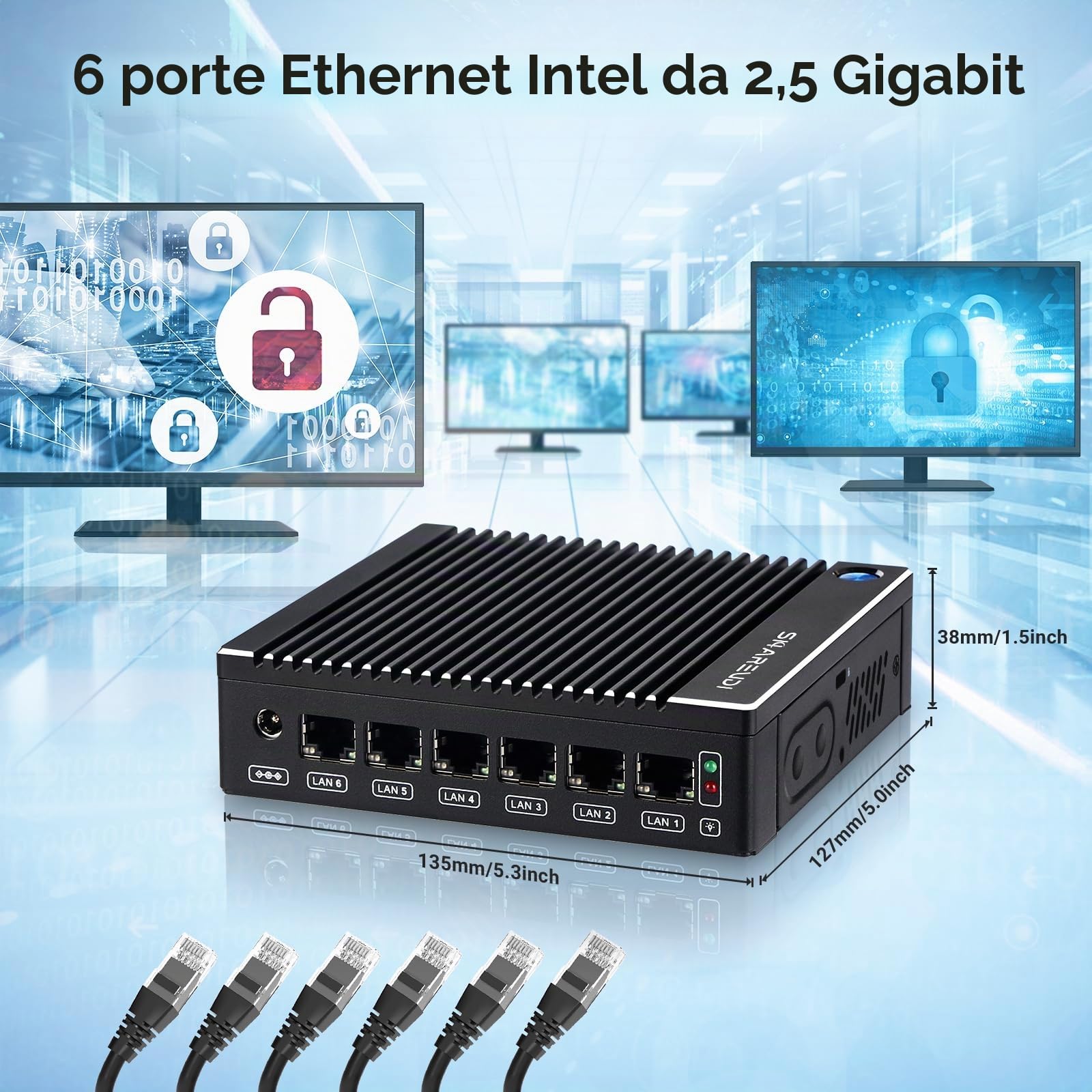 Mini-PC firewall senza ventola con Intel N3710 4C/4T, 6x Intel i226 LAN, router per gateway di rete, testato con PF-Sense/OPN-SENSE,HD/Type-C/SIM/TF/Wi-Fi (8 GB di RAM, SSD da 240 GB)