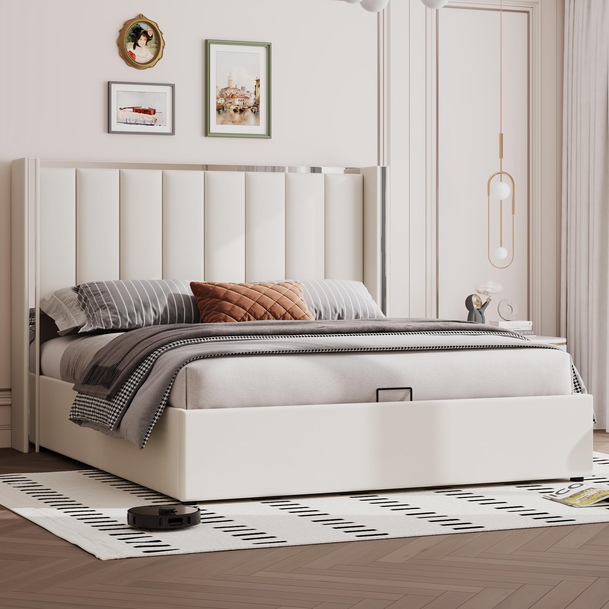 LUXOAK Polsterbett 160x200 mit Bettkasten & Liftfunktion, Beige | 115cm Wingback-Kopfteil mit Chromdetails, weicher Samtbezug, großer Stauraum, stabiler Holzrahmen, leiser Lattenrost