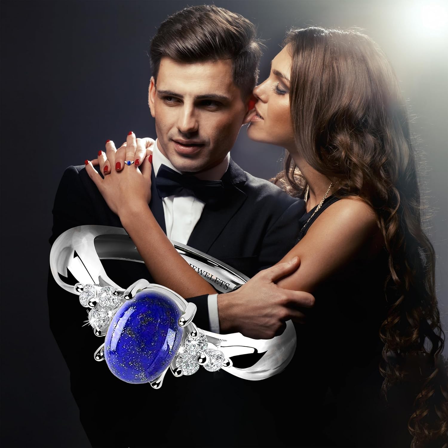 Lapis Lazuli Silver Ring 6x8mm with 6 CZ Side Stones – Oval Prong Setting | Rhodium Plated Sterling Silver - Image 5