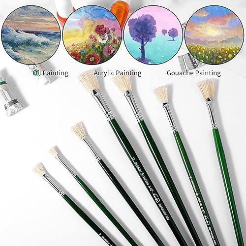 Miniatura 7 de 7 pinceles de abanico para pintar, juego de pinceles de pintura para fanáticos del artista con cerdas de cerdo de mango largo, pinceles de pintura