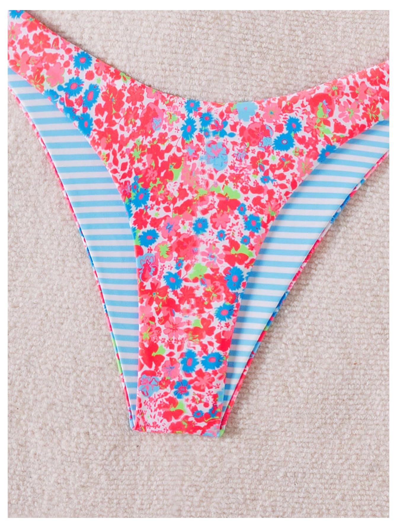 Costume da Bagno Bikini A Righe Floreali in 2 Pezzi Donna Perizoma con alla Caviglia Taglio Alto Rosso E Blu X-Small